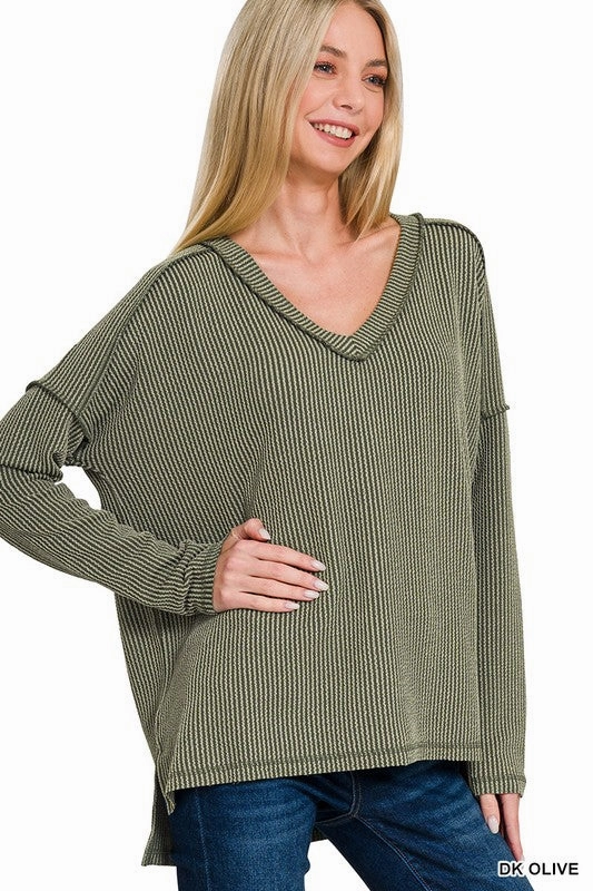 Carly Corded Rib Long Sleeve Hi-low V Neck Top S-XL Quick-Dry Fabric