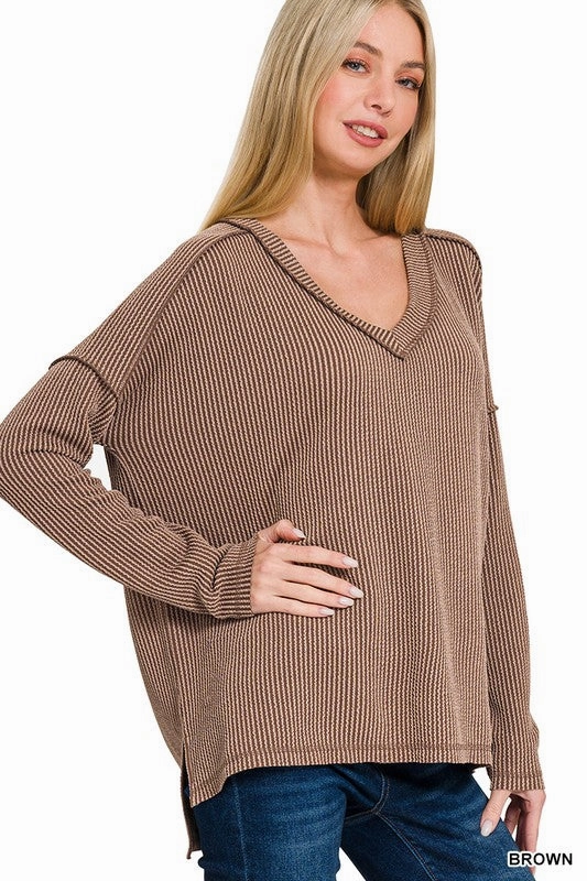 Indoor clothing Carly Corded Rib Long Sleeve Hi-low V Neck Top S-XL
