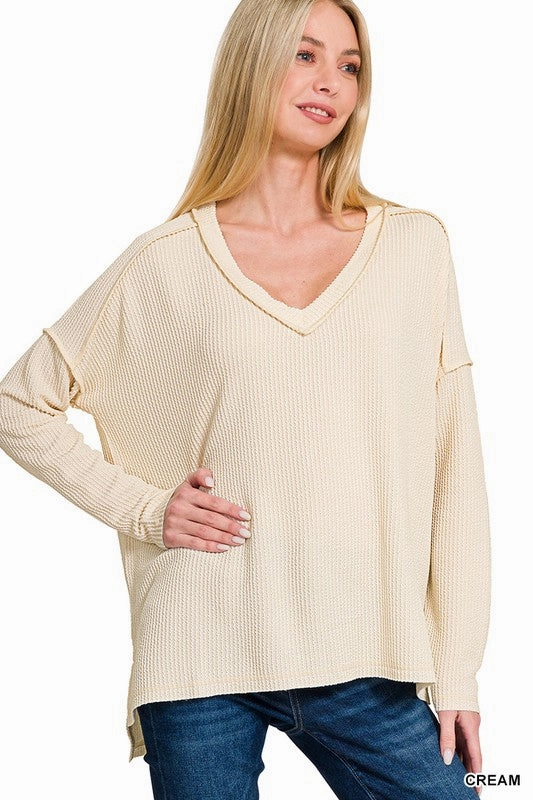 Carly Corded Rib Long Sleeve Hi-low V Neck Top S-XL BreathableBackVents NonIrritating