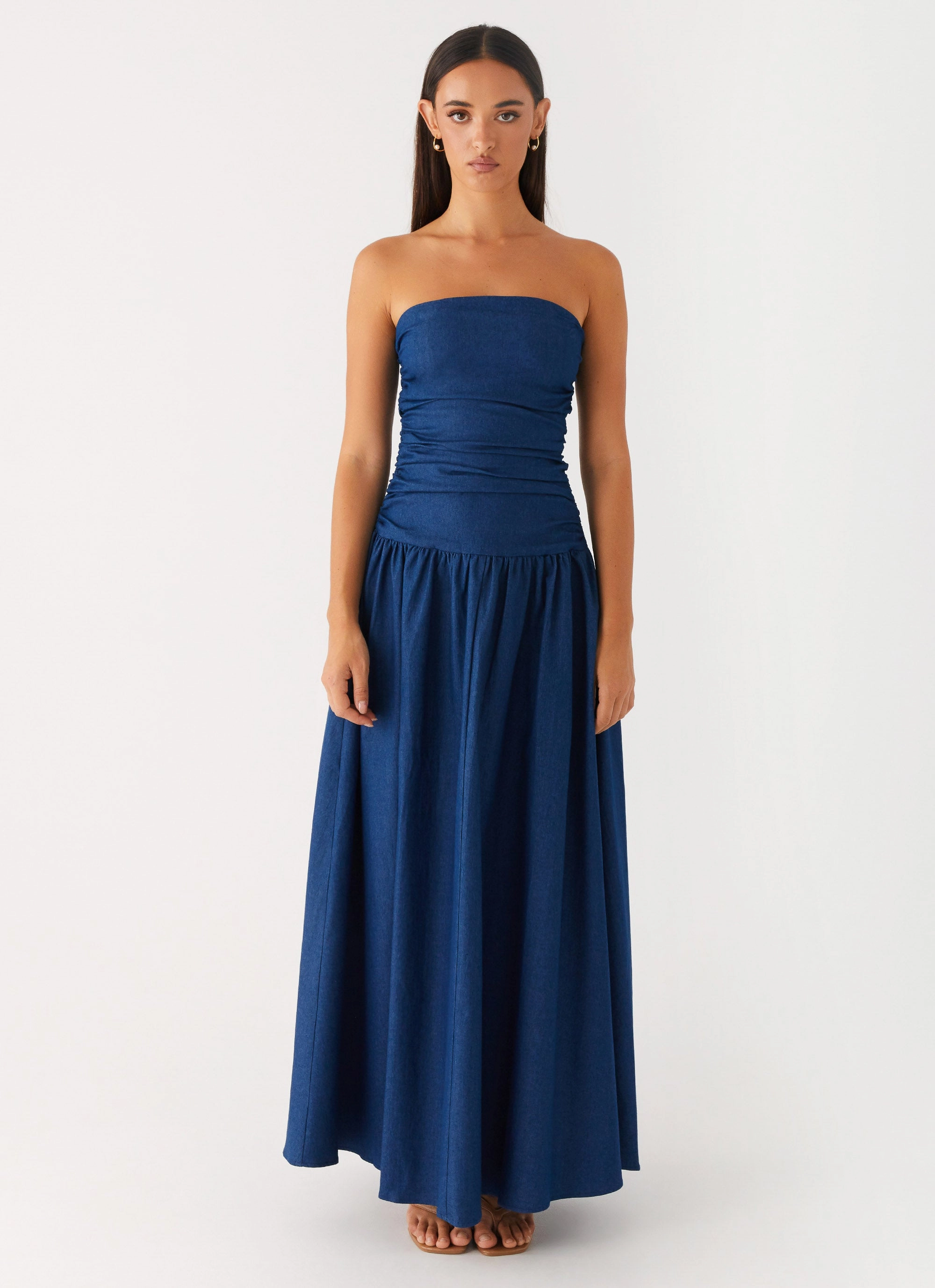 Carmel Denim Maxi Dress - Indigo Lace Accent
