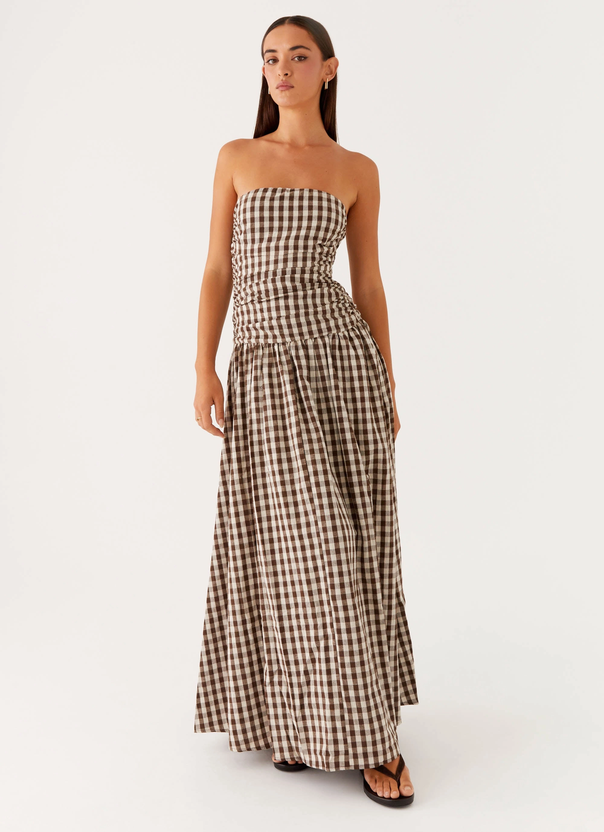 Stretch Fabric Carmel Maxi Dress - Brown Gingham