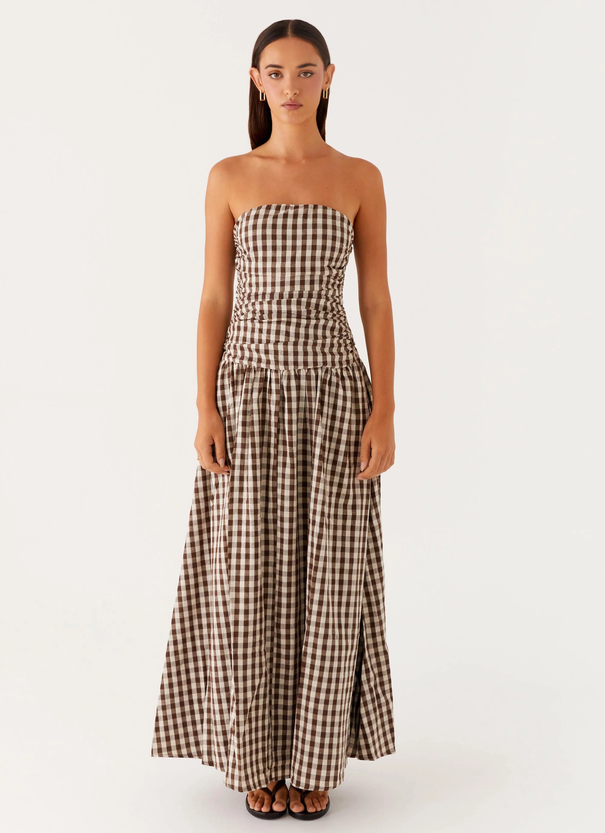 Carmel Maxi Dress - Brown Gingham Wrap Charm Winter Proof