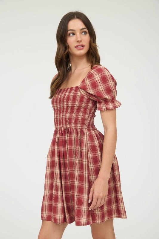 Cora Plaid Smocked Puff Sleeve Mini Dress Casual Layering