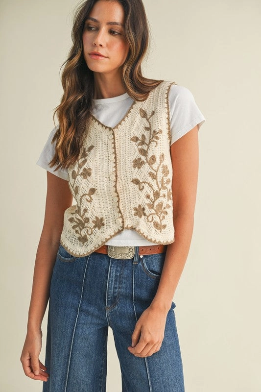 Light Knitwear Bailey Blanket Stitch Floral Crochet Sweater Vest S-XL