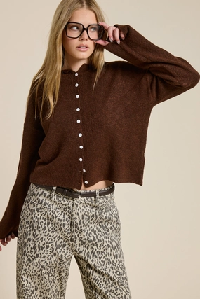 Elise Button Down Cardigan - Chocolate Flatlock stitching