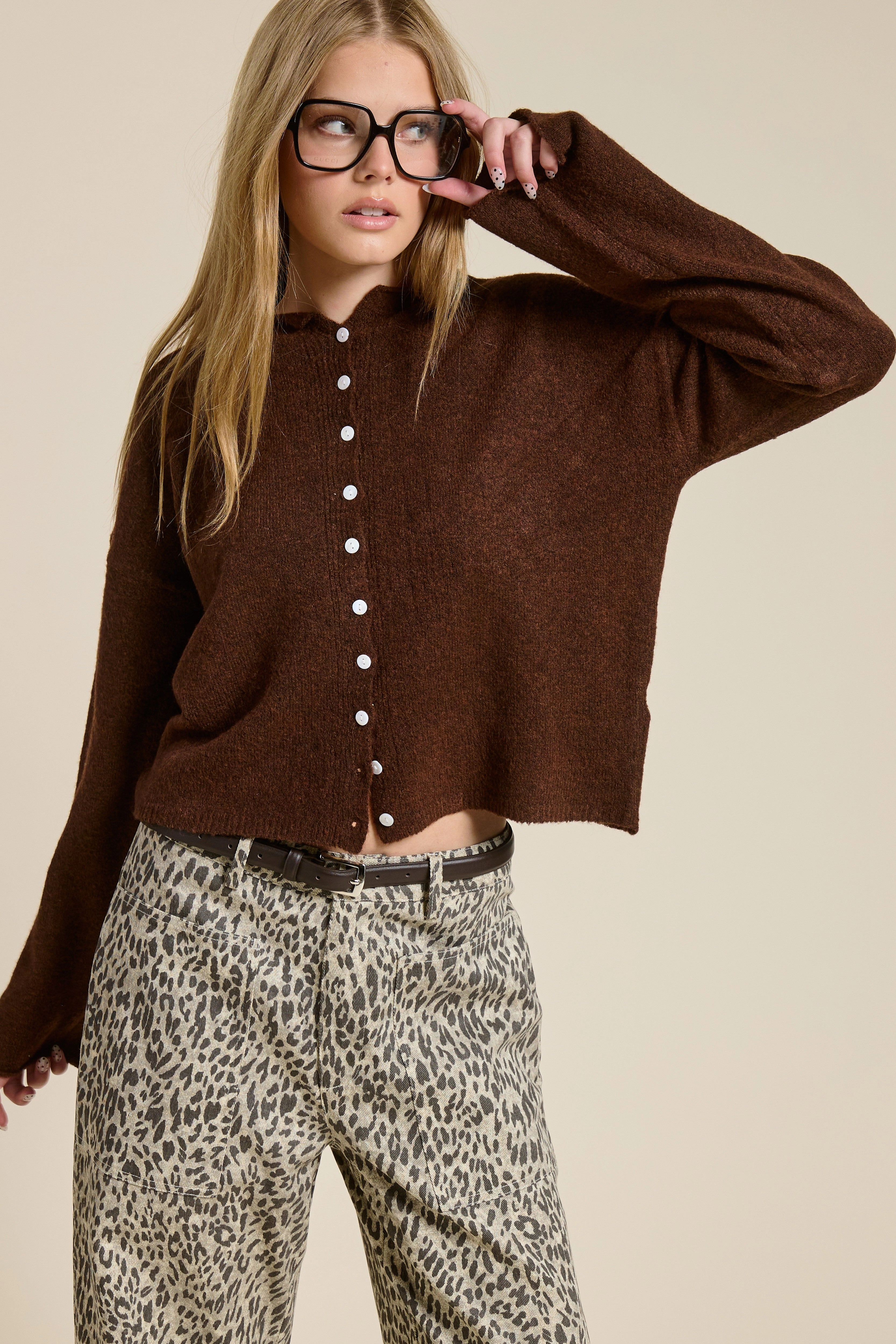 DoubleNeedle Stitching Loose cut Elise Button Down Cardigan - Chocolate