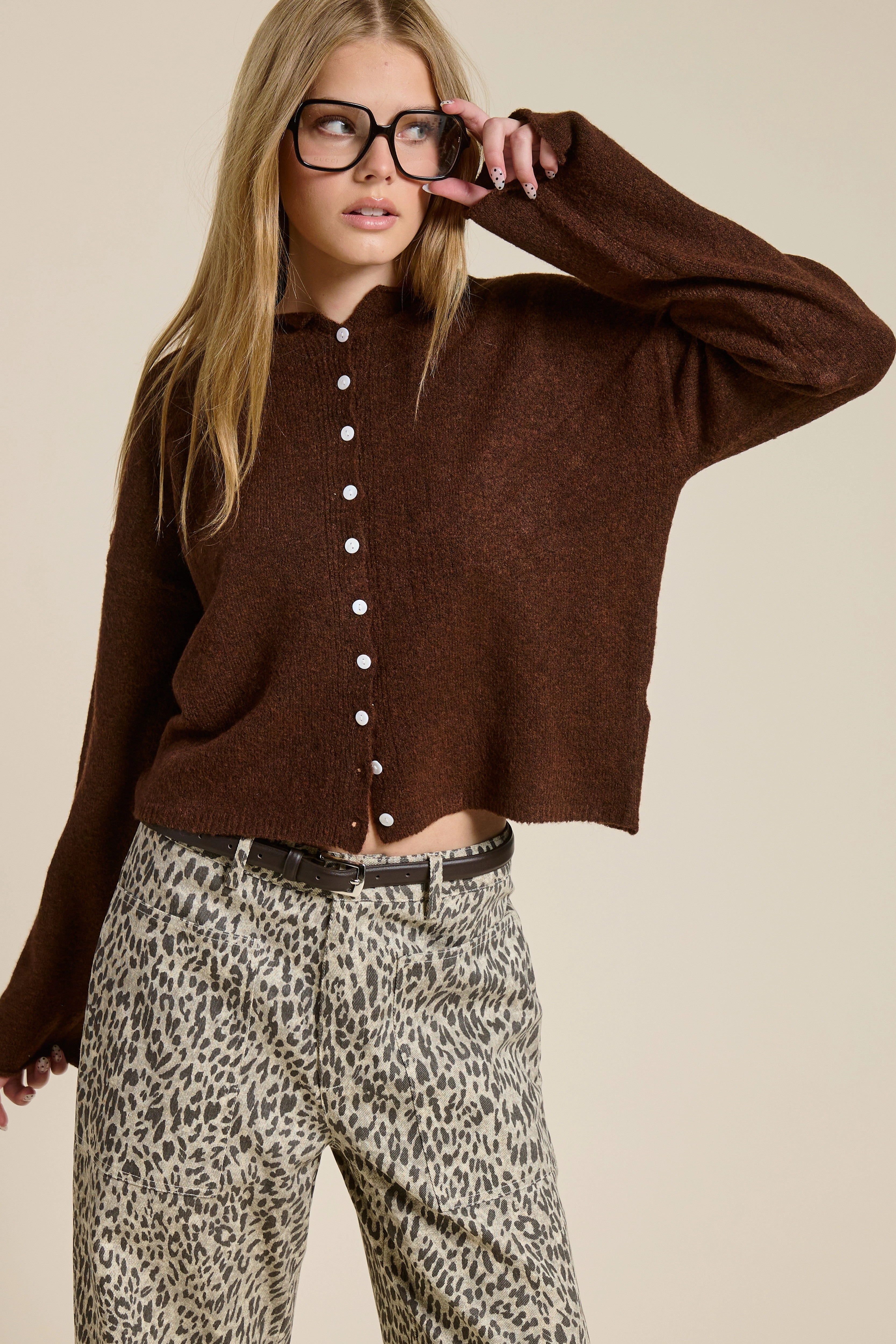 Elise Button Down Cardigan - Chocolate Flexible Shoulder Gusset