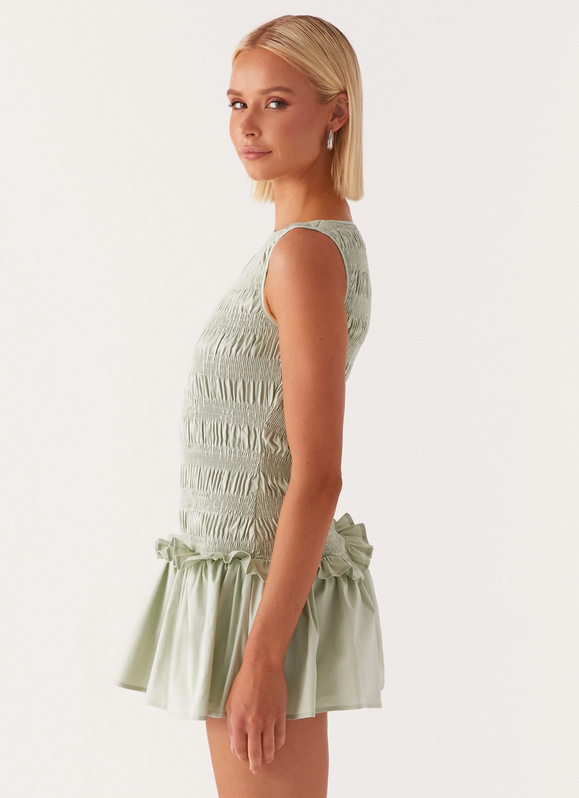 Airy Comfort PlushLining Garden Kisses Shirred Mini Dress - Sage