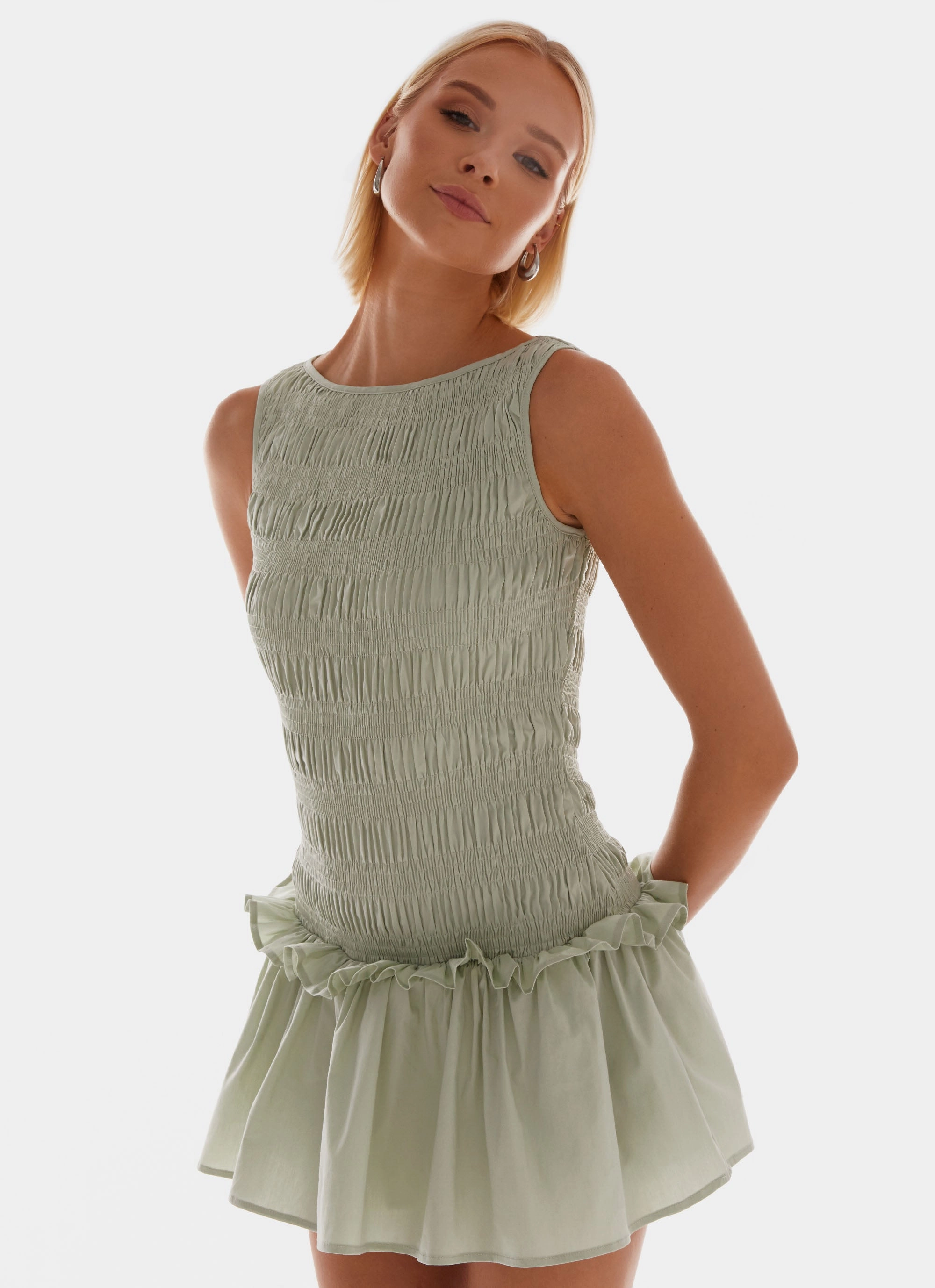 Bright Vibe Garden Kisses Shirred Mini Dress - Sage