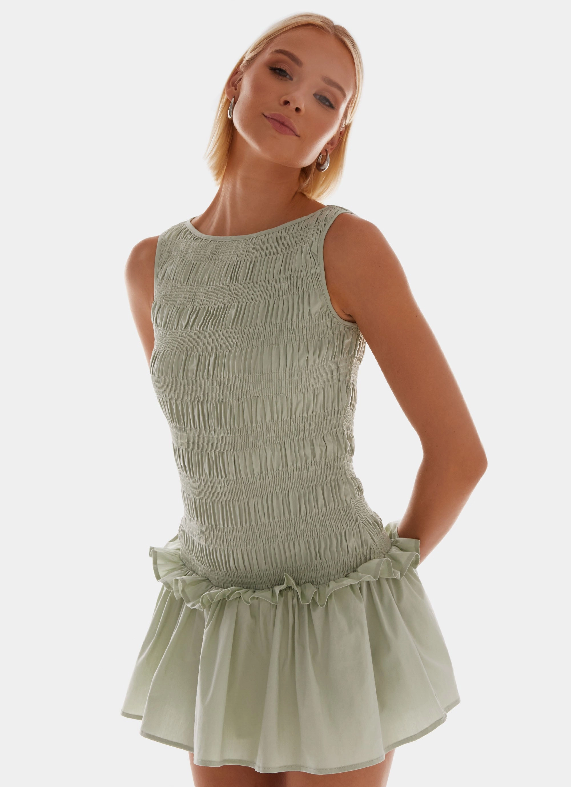 Garden Kisses Shirred Mini Dress - Sage Elegant Outline Sculpted Form