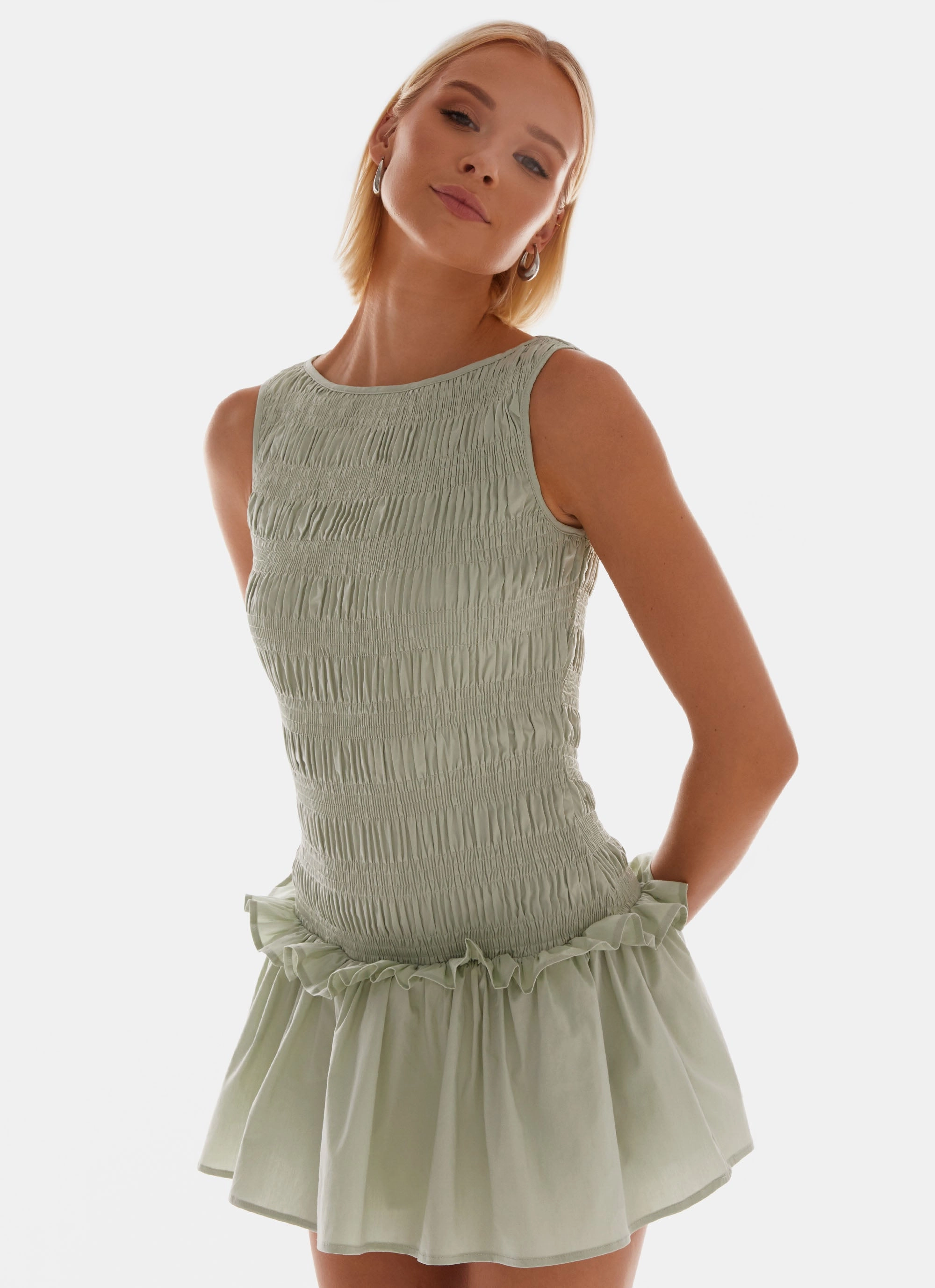 Garden Kisses Shirred Mini Dress - Sage Bohemian style Flare Hem