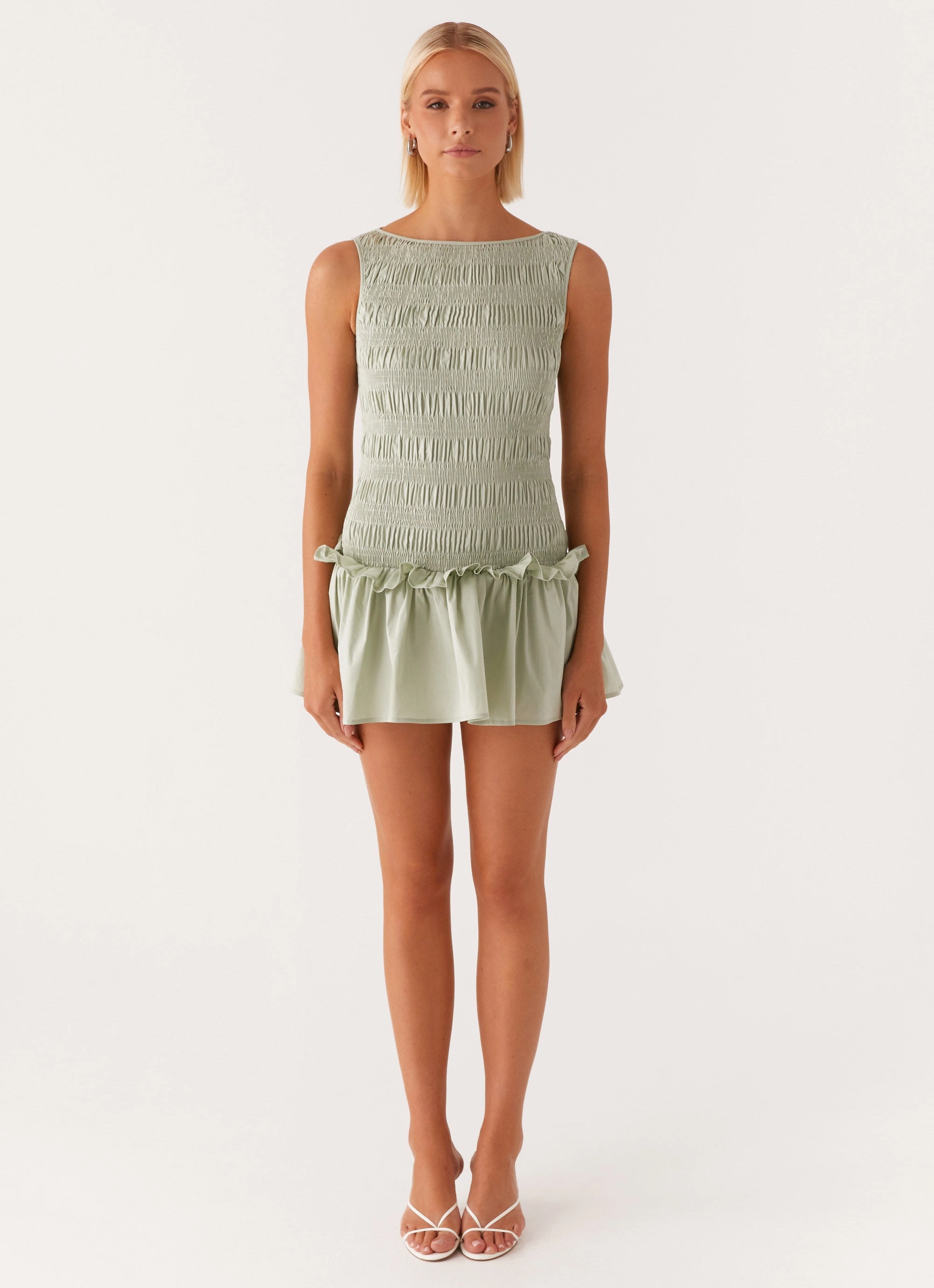 Vibrant Aesthetic Garden Kisses Shirred Mini Dress - Sage