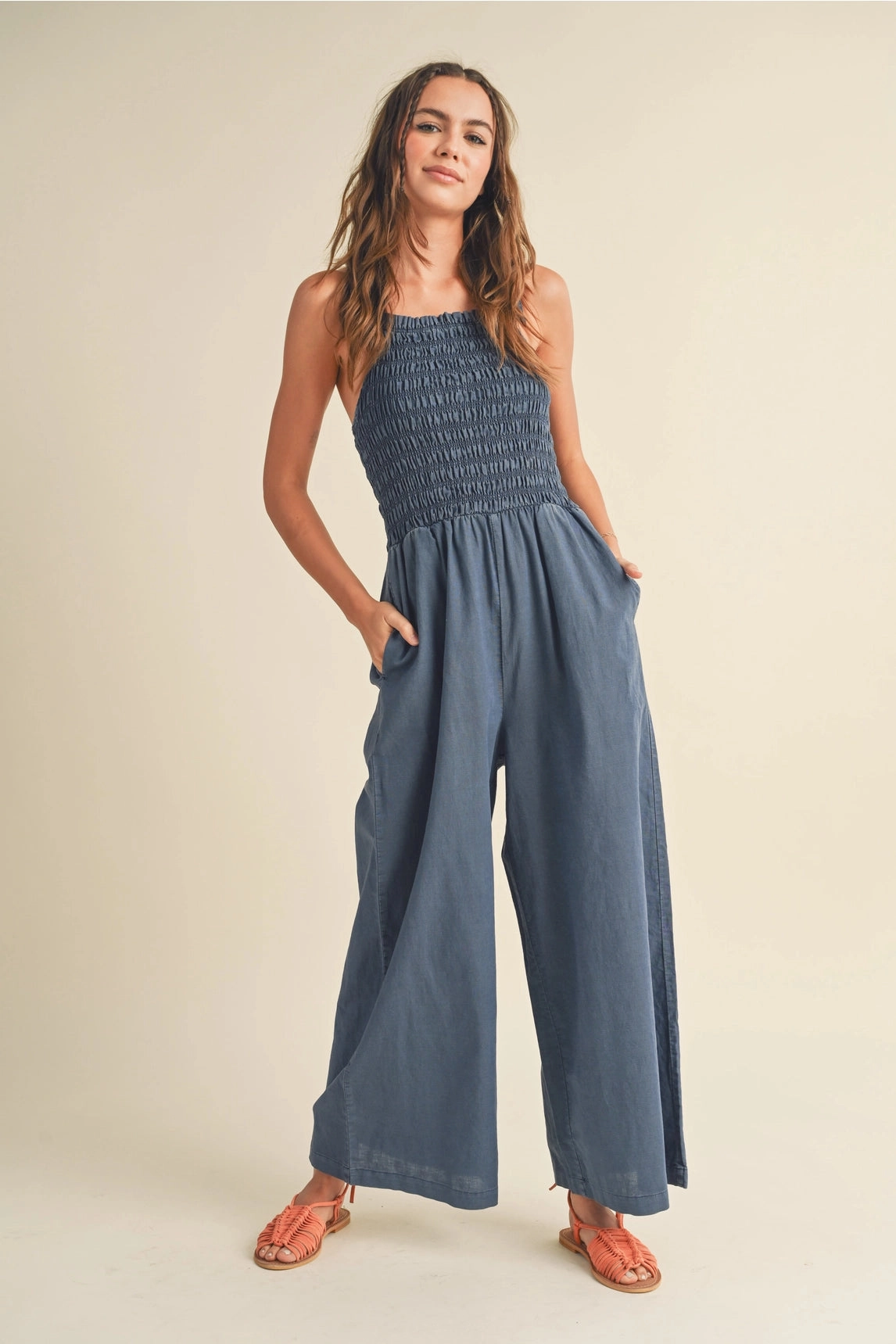 Snag Resistant Fabric Smocked Denim Jumpsuit - Blue