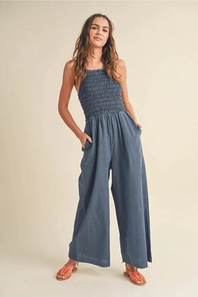 Street Comfort Rubberized grip Smocked Denim Jumpsuit - Blue