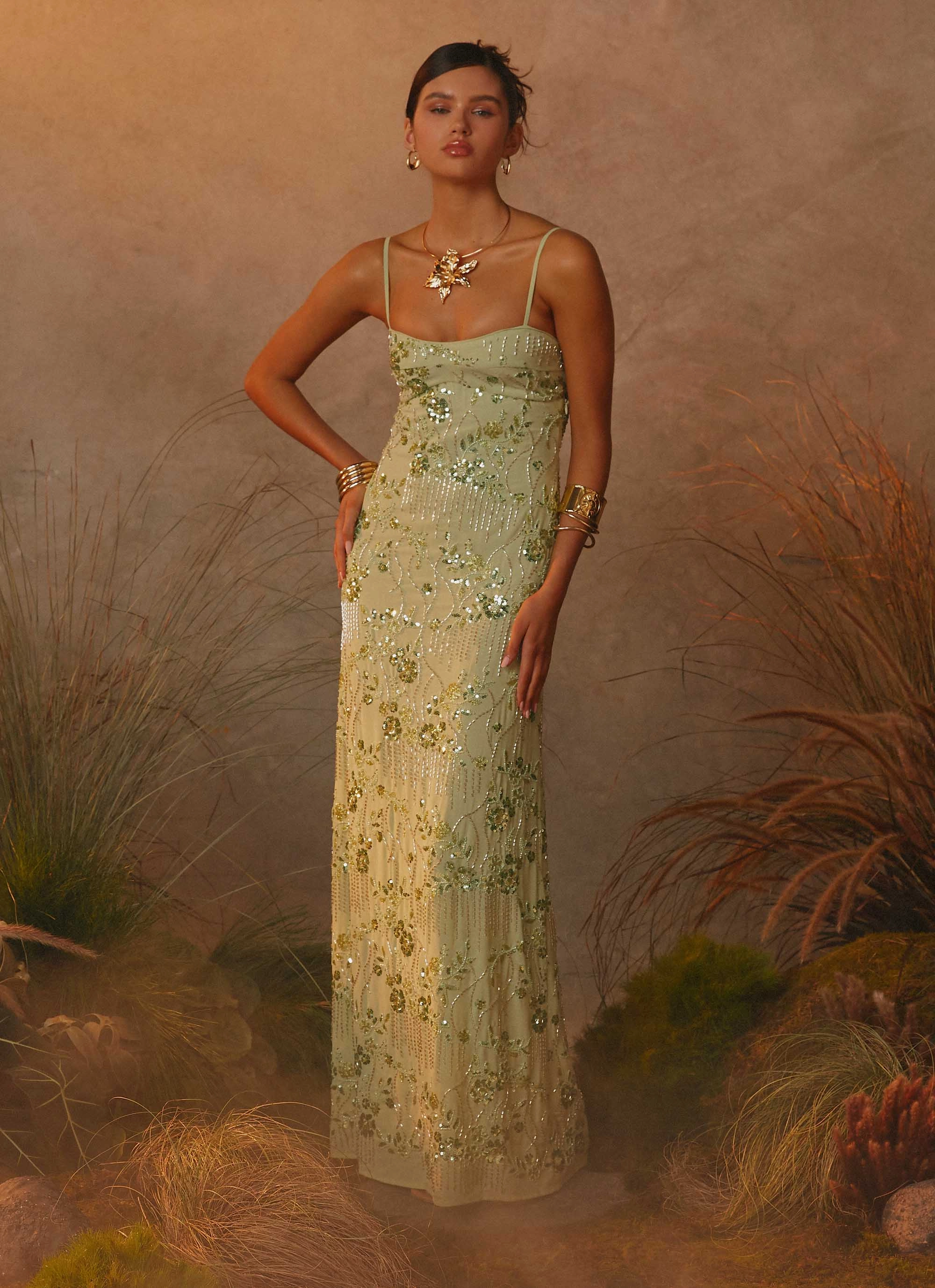 Celandine Beaded Maxi Dress - Lime Piped-Edge vacation look