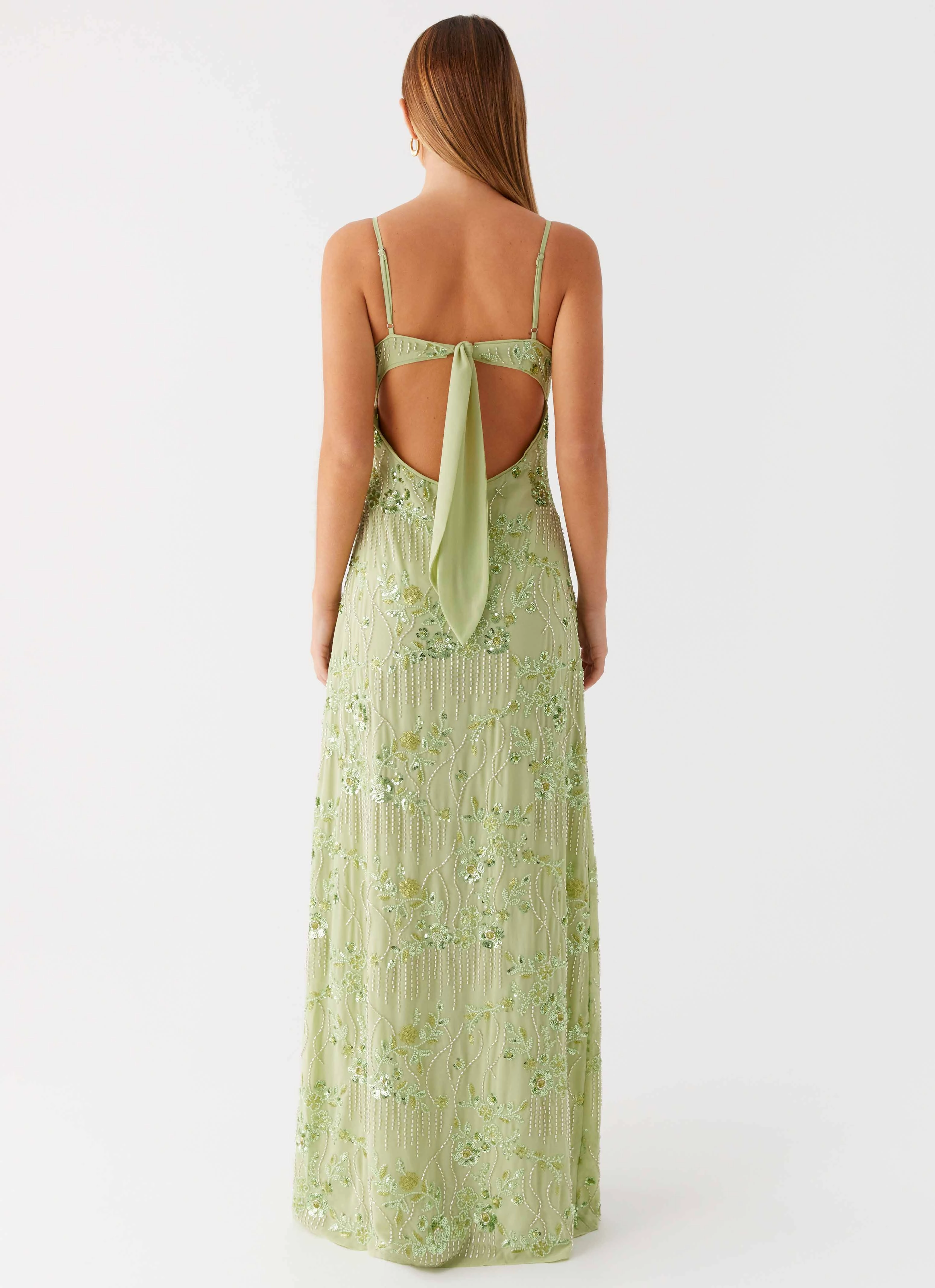 Dreamy Texture Lace-Trim Celandine Beaded Maxi Dress - Lime