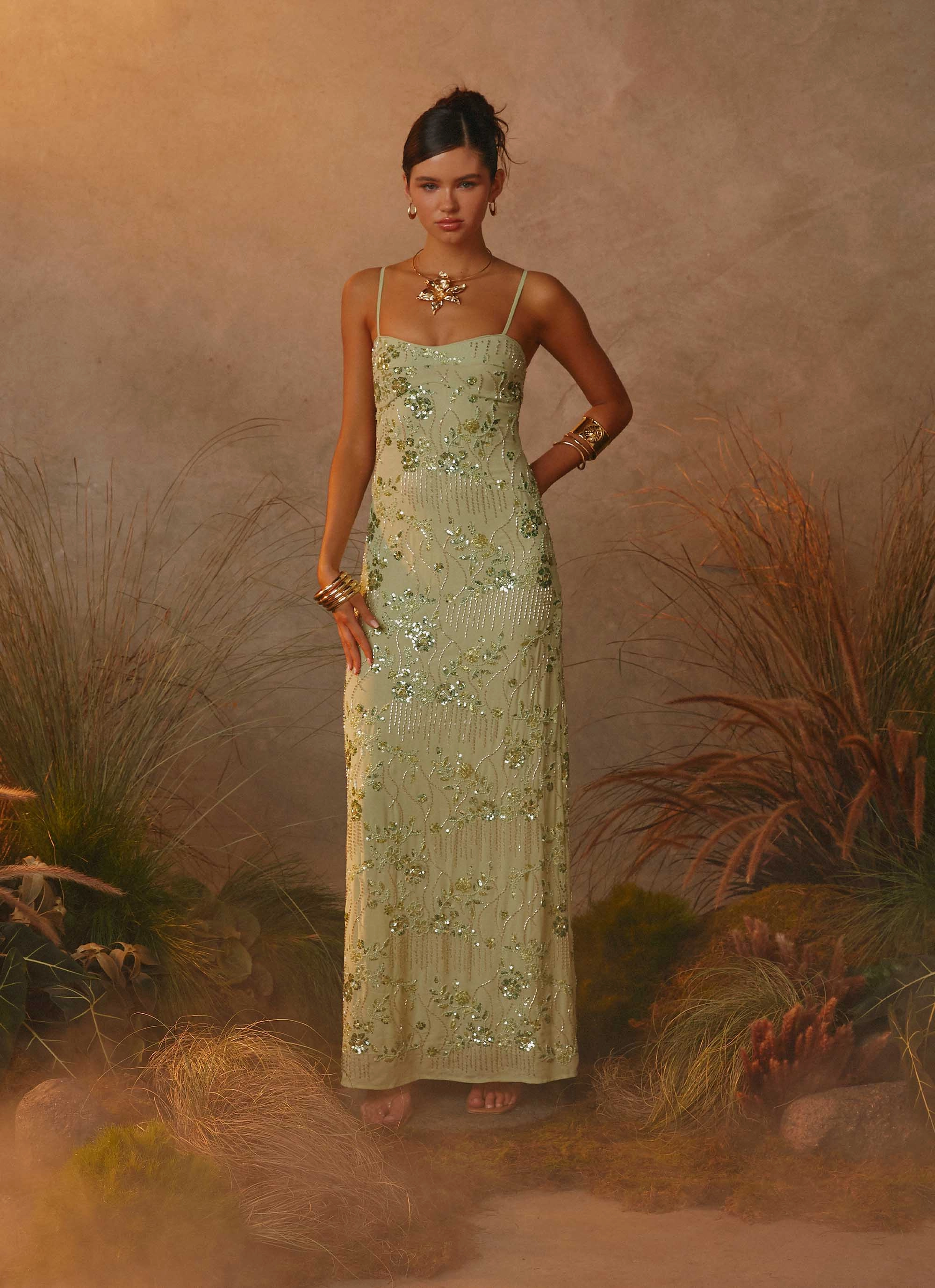 Live Soft Celandine Beaded Maxi Dress - Lime