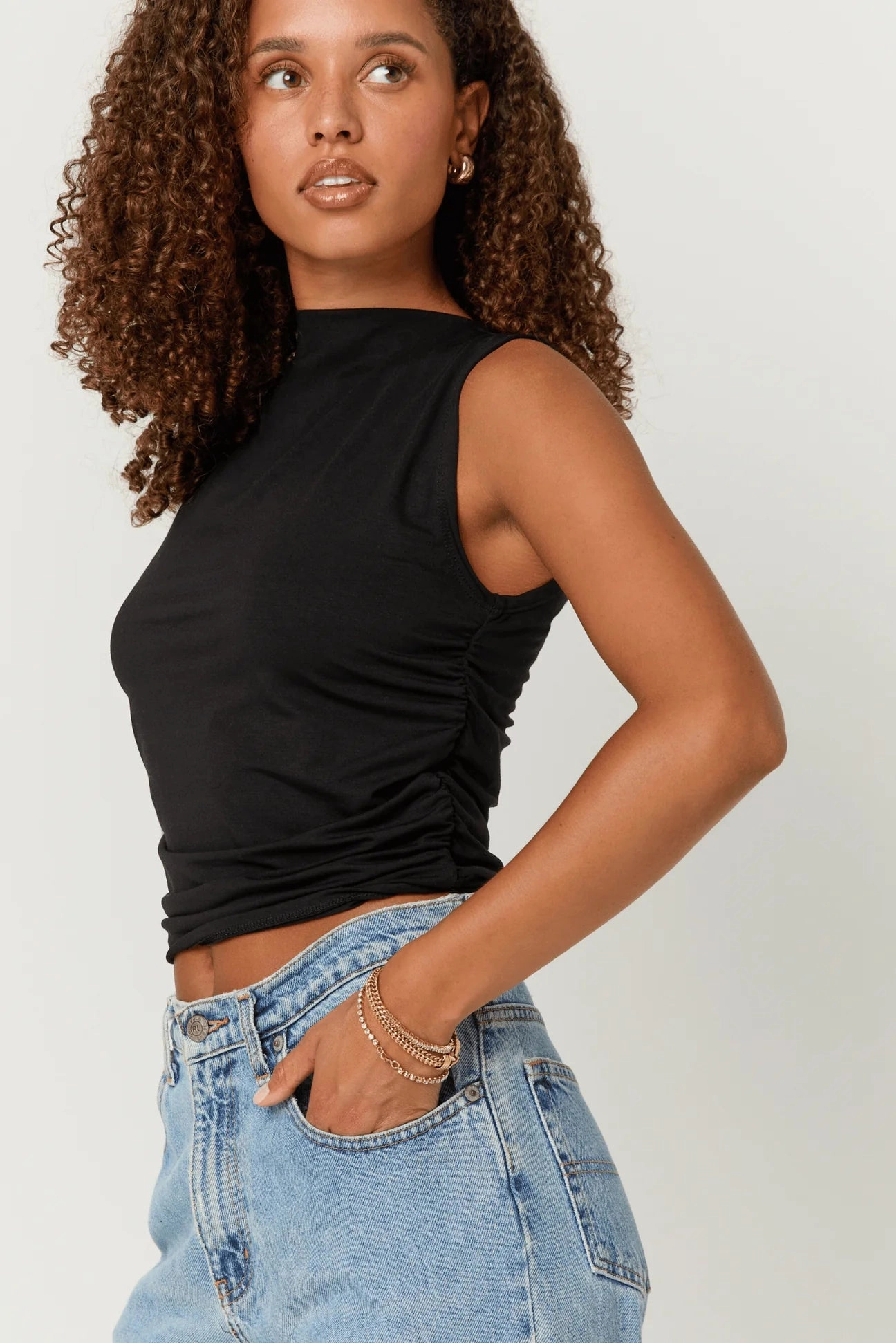 Wyatt Ruched Side Tank - Black Stretchable Waistband Foldable Cuff Design