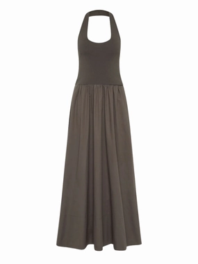 Bold Elegance Cinched-Waist Halter Gathered Dress in Khaki