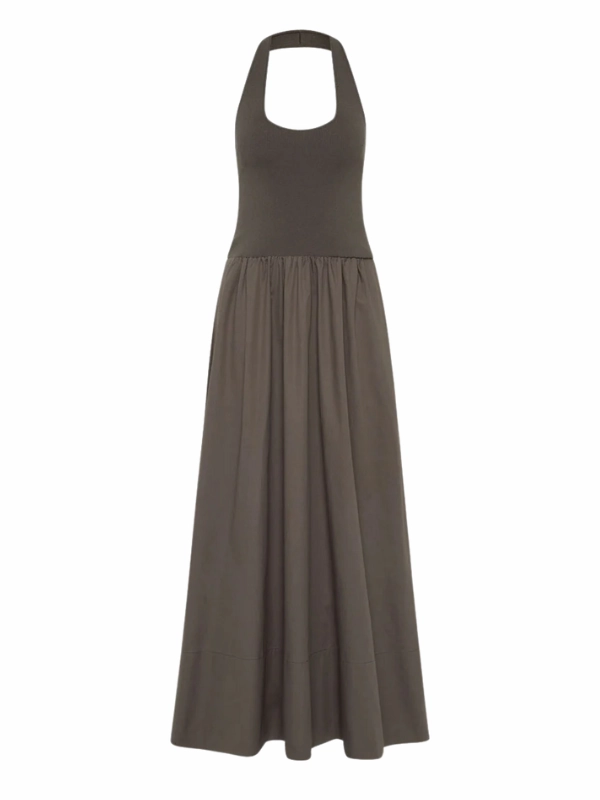Bold Elegance Cinched-Waist Halter Gathered Dress in Khaki