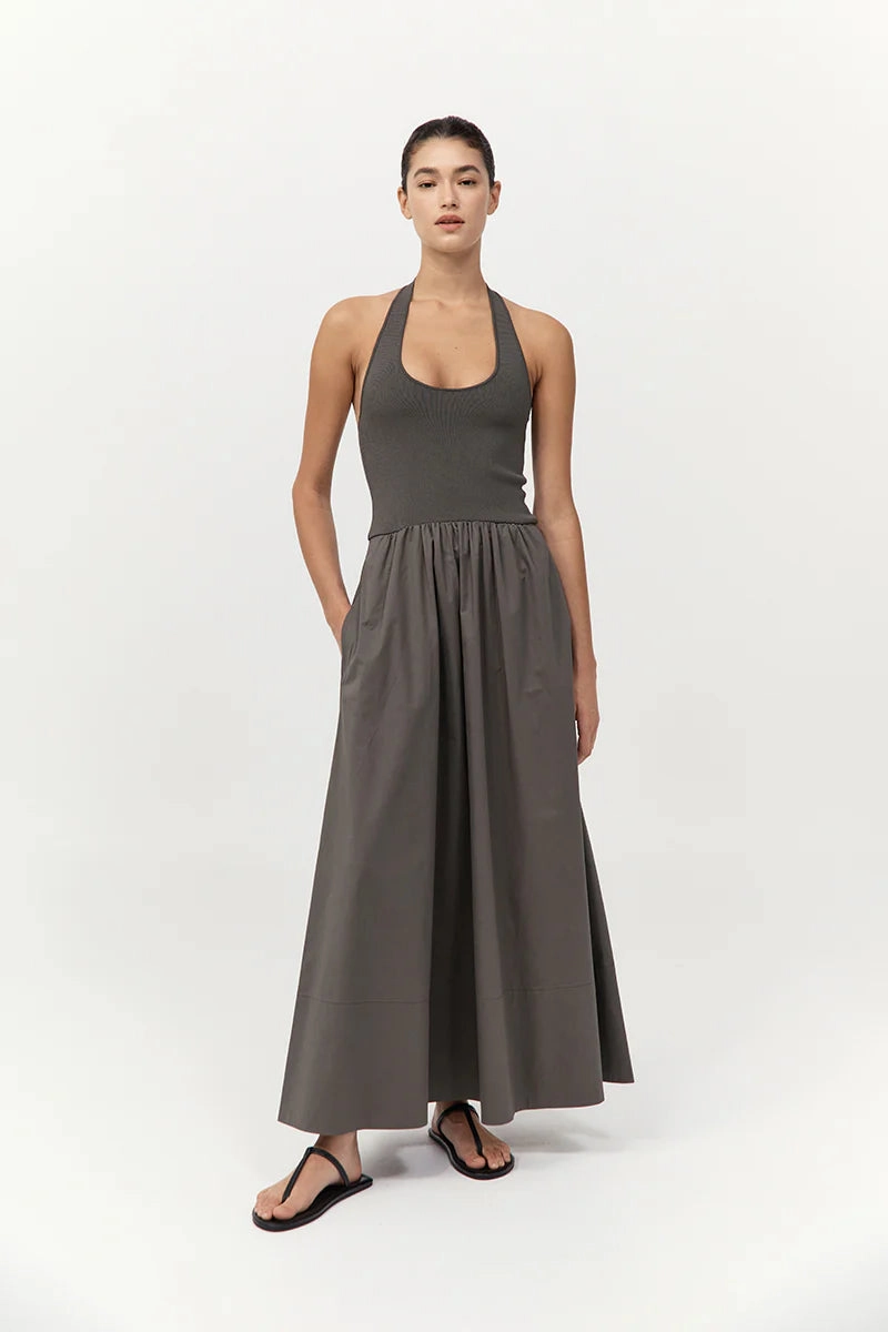Halter Gathered Dress in Khaki Subtle Mood Pleat-Front