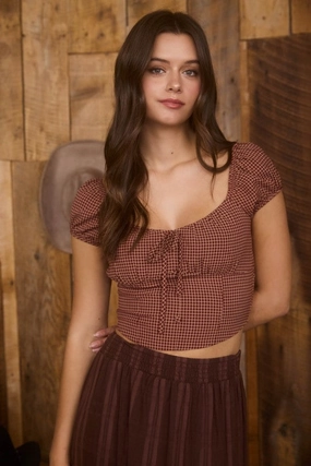 Anti Static Material wrinkle free Charlotte Plaid Front Tie Short Sleeve Crop Top