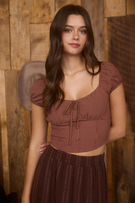 Charlotte Plaid Front Tie Short Sleeve Crop Top Flexi Stretch Material