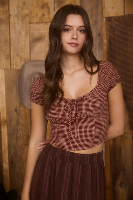 WrinkleFree Fabric Charlotte Plaid Front Tie Short Sleeve Crop Top