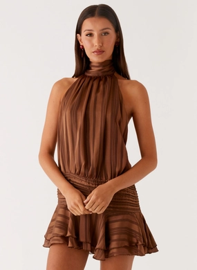 Hip-Flattering Willow Chiffon Mini Dress - Chocolate