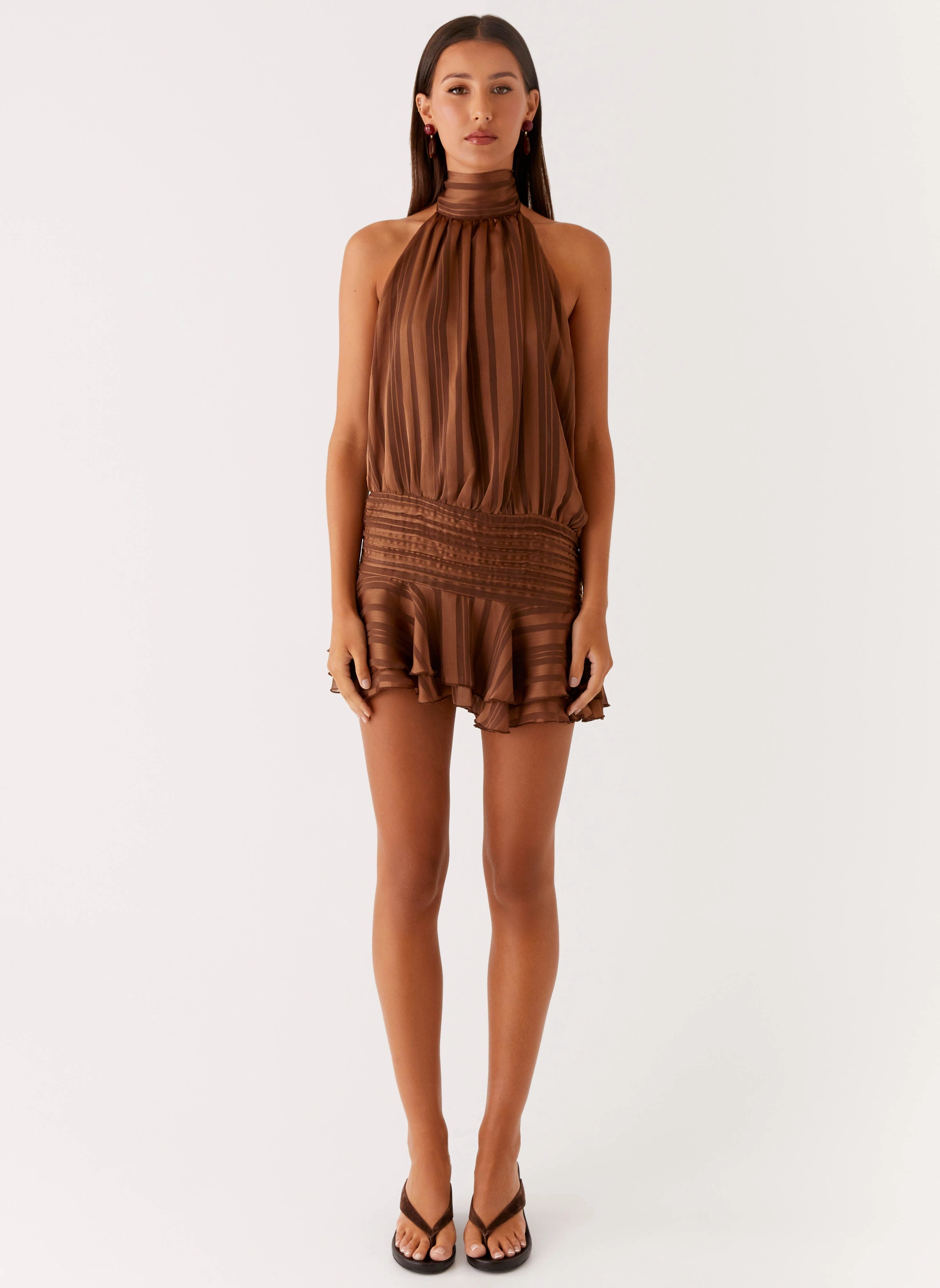 Willow Chiffon Mini Dress - Chocolate TearResistantFabric Glam Feel