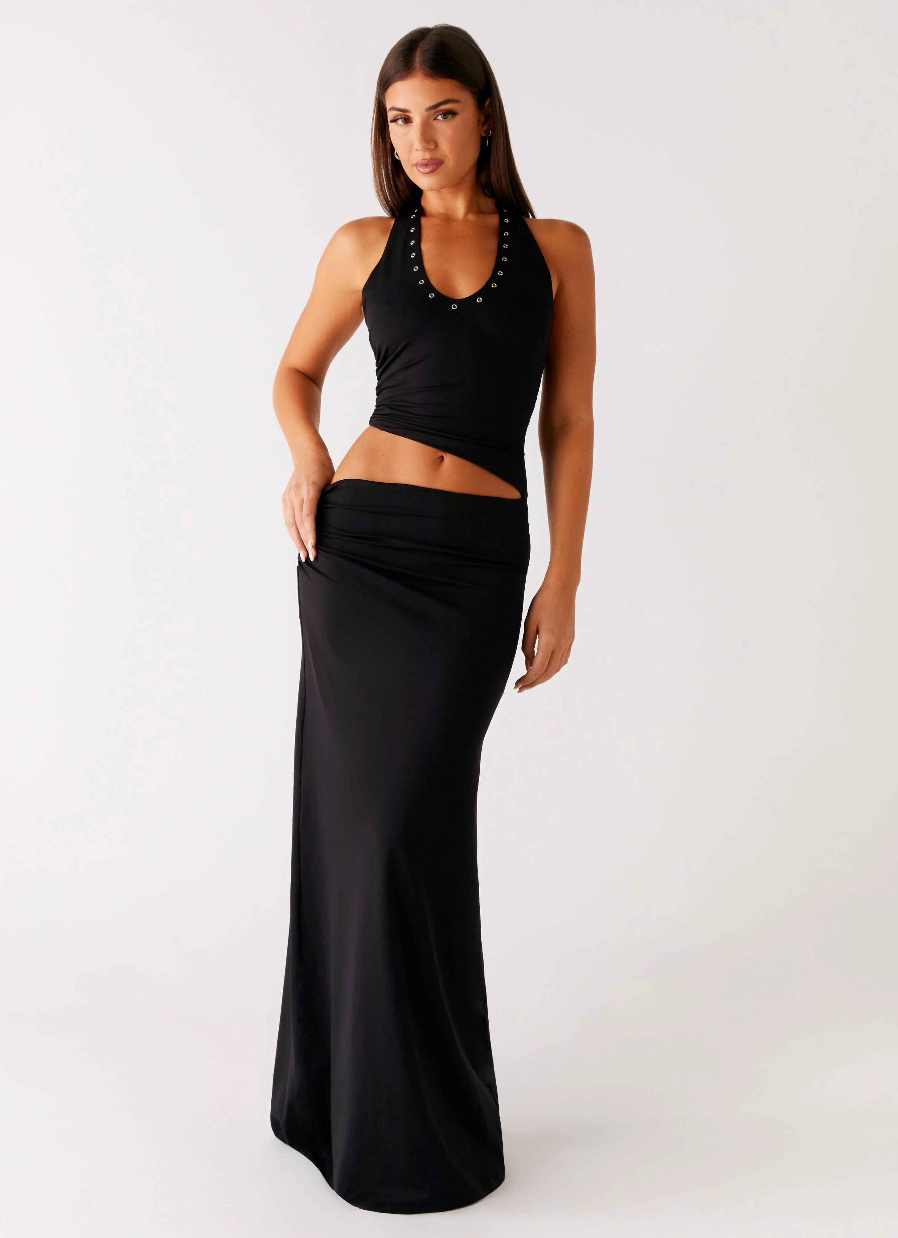 Chella Maxi Dress - Black Elegant Comfort Satin Fabric