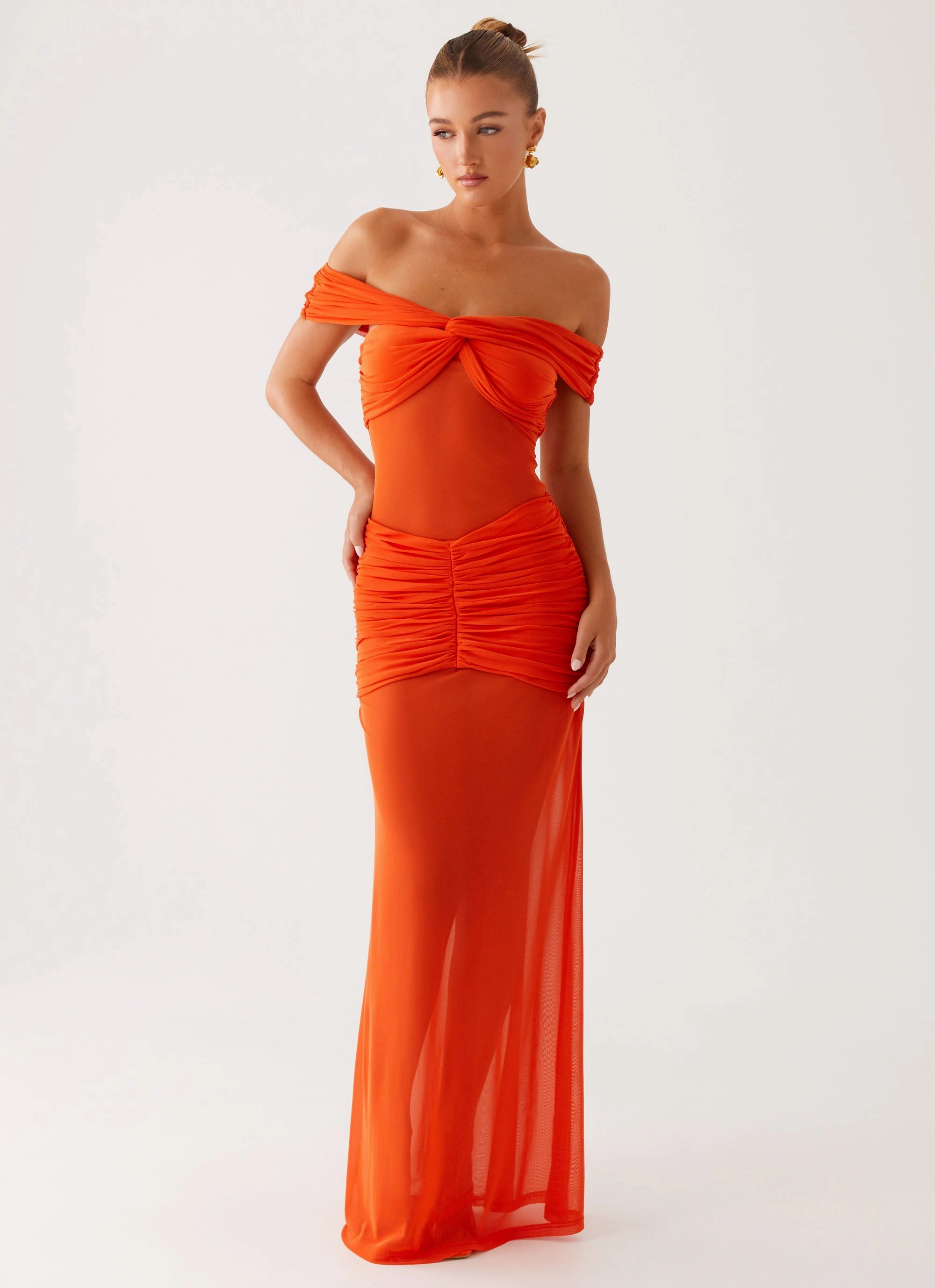Charming Off Shoulder Maxi Dress - Orange Gentle Stitch