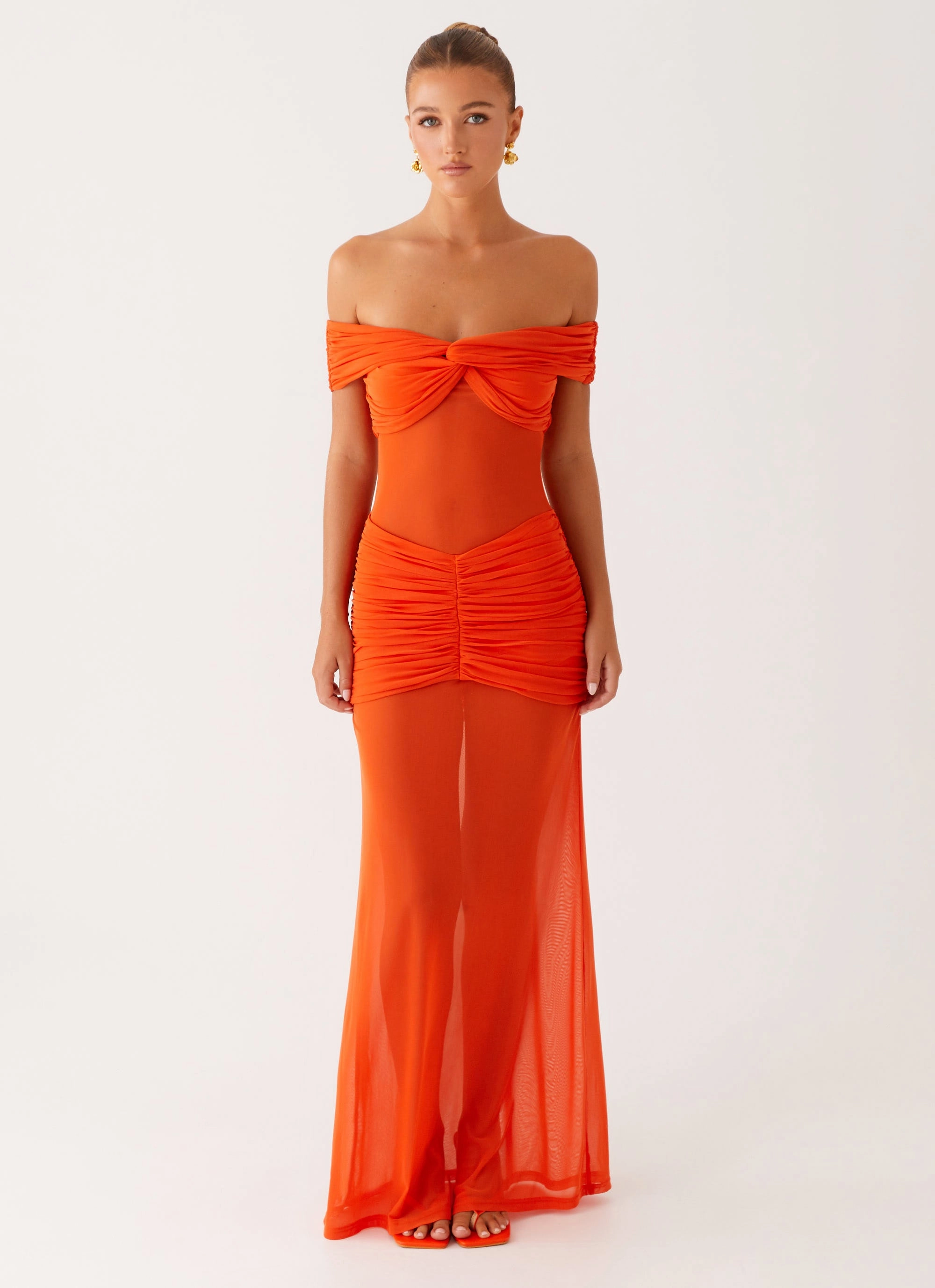 Charming Off Shoulder Maxi Dress - Orange Square-Neck Gender Inclusive