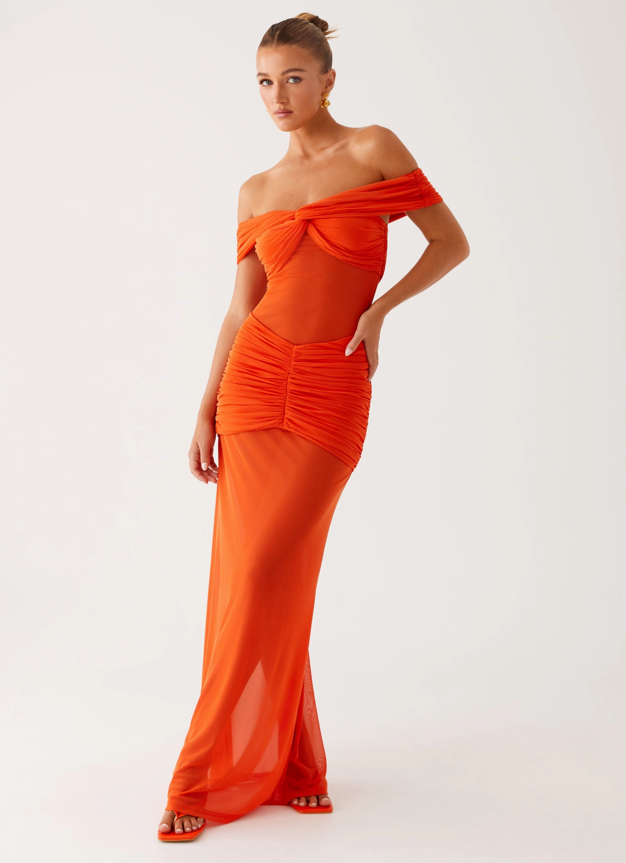 Charming Off Shoulder Maxi Dress - Orange Crisp Detail