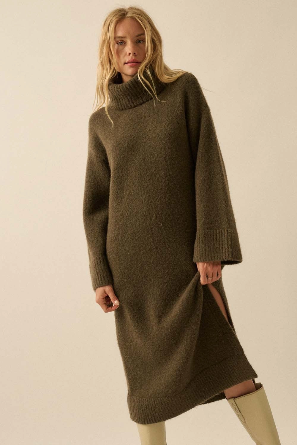 cut out Cowl Neck Midi Sweater Dress - Olive