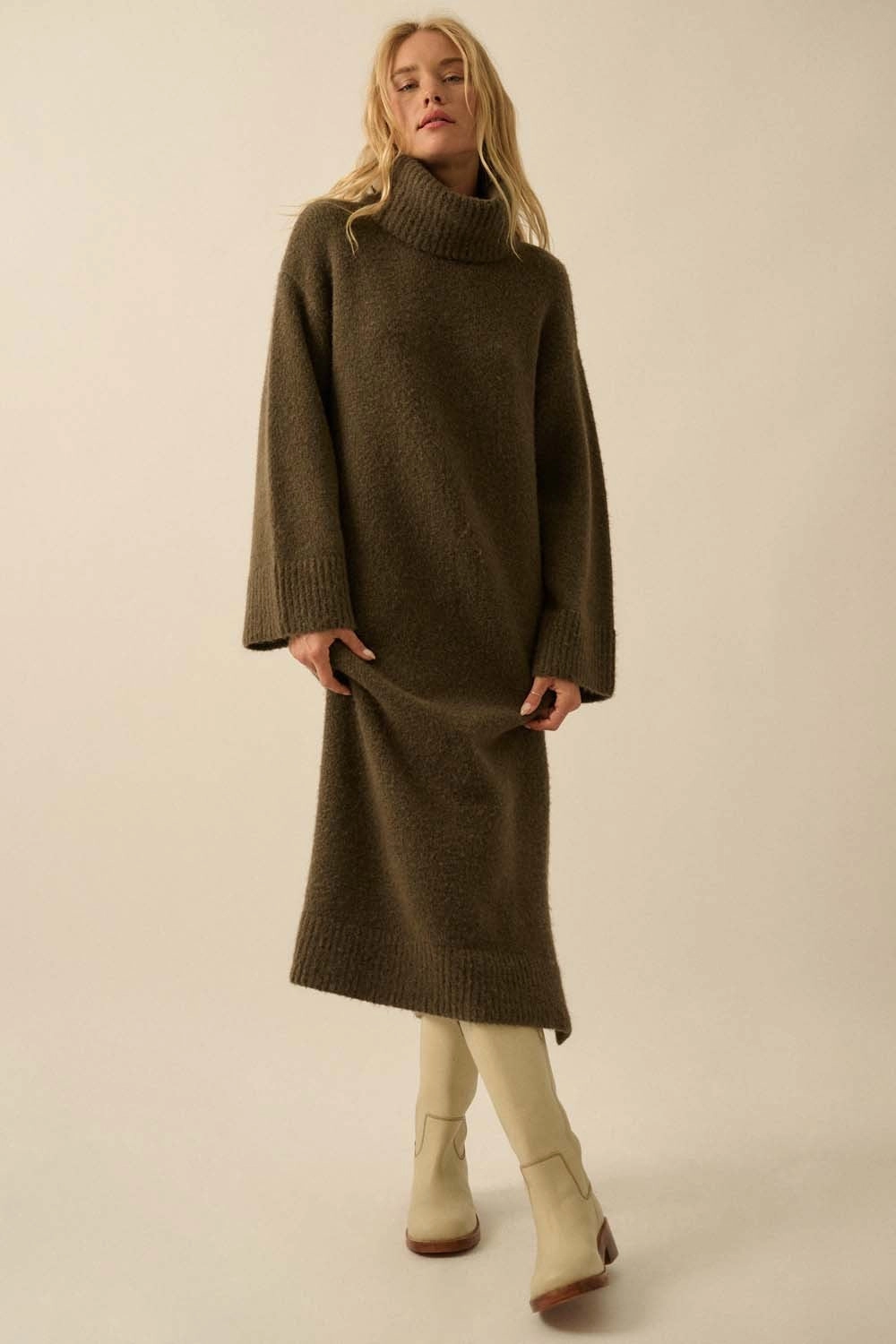 Cowl Neck Midi Sweater Dress - Olive Soft Shape Minimalist Layering