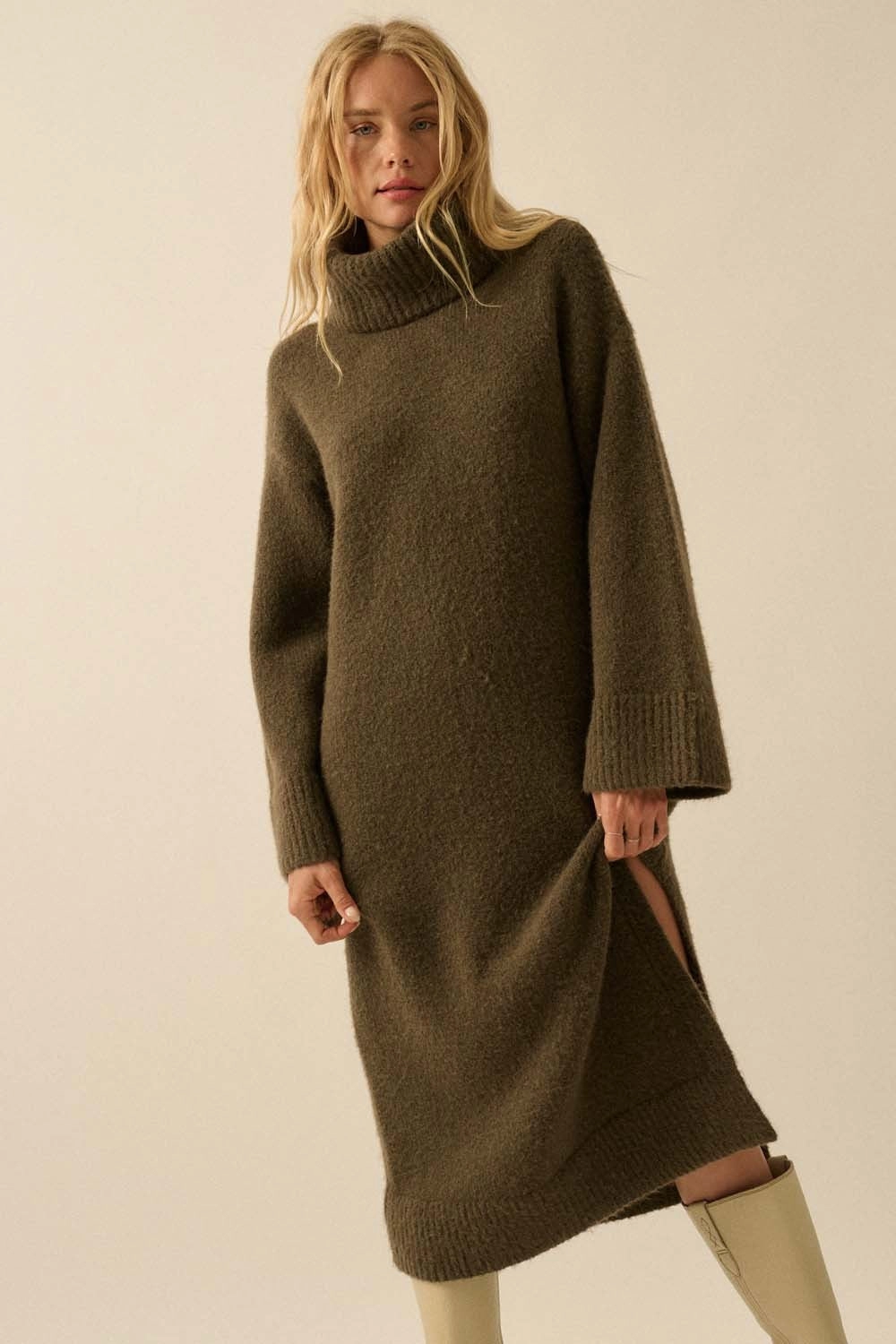 Color Glow Cowl Neck Midi Sweater Dress - Olive