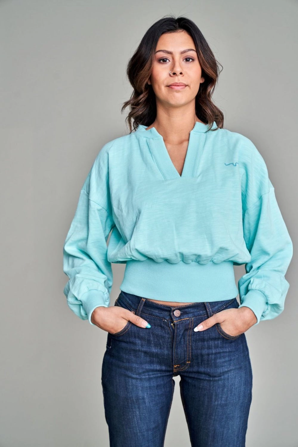 Kimes Ranch Womens Dewey V Neck Turquoise 100% Cotton Pullover Sweater Reinforced Shoulder Design Cozy Look