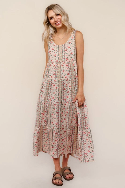 Modest Look Veronica Tiered Midi Bohemian Ethnic Print Knit Dress S-2XL