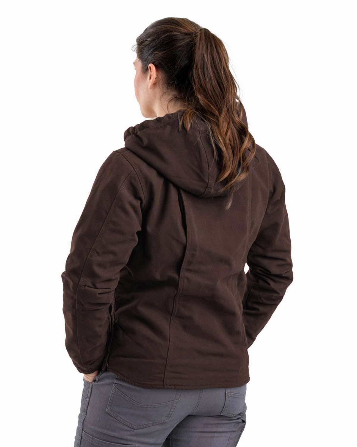 Berne Ladies Dark Brown 100% Cotton Ladies Hooded Coat Sherpa Stretch Cloth Quick Release Buckle Mechanism