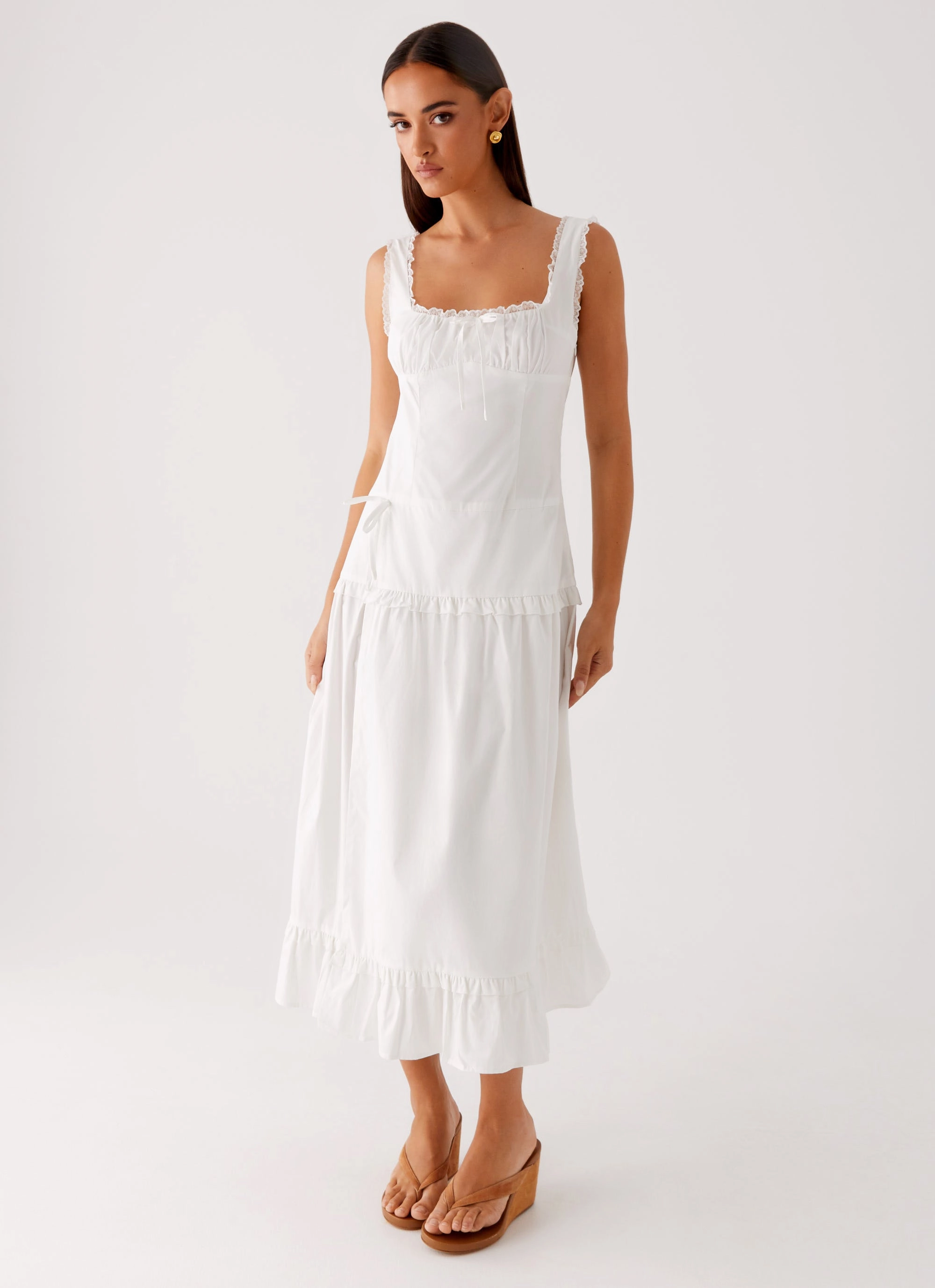 Quinn Midi Dress - White Dress for brunch V-Neck