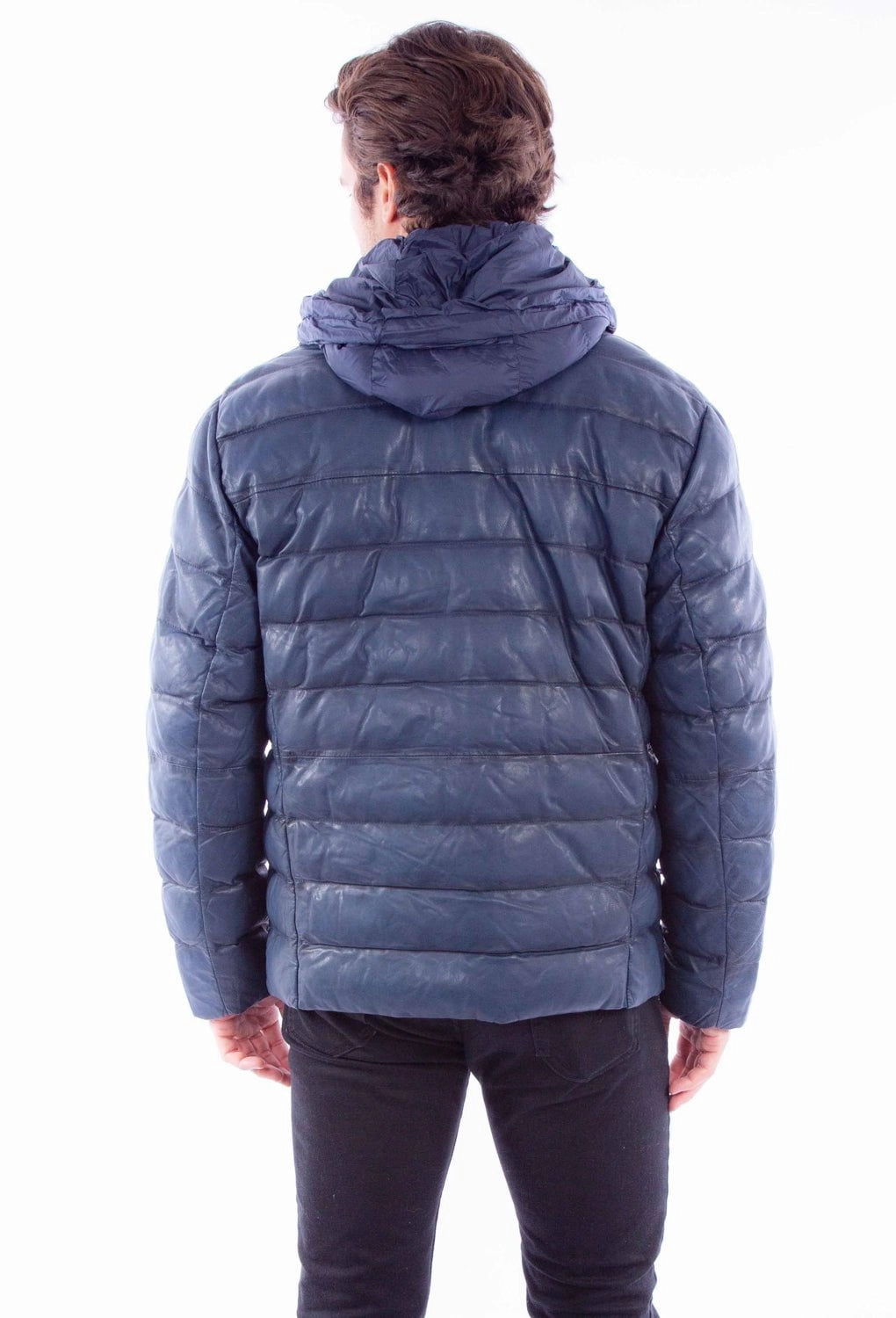 Light Weight Scully Mens Hooded Puffer Blue Leather Insulated Jacket
