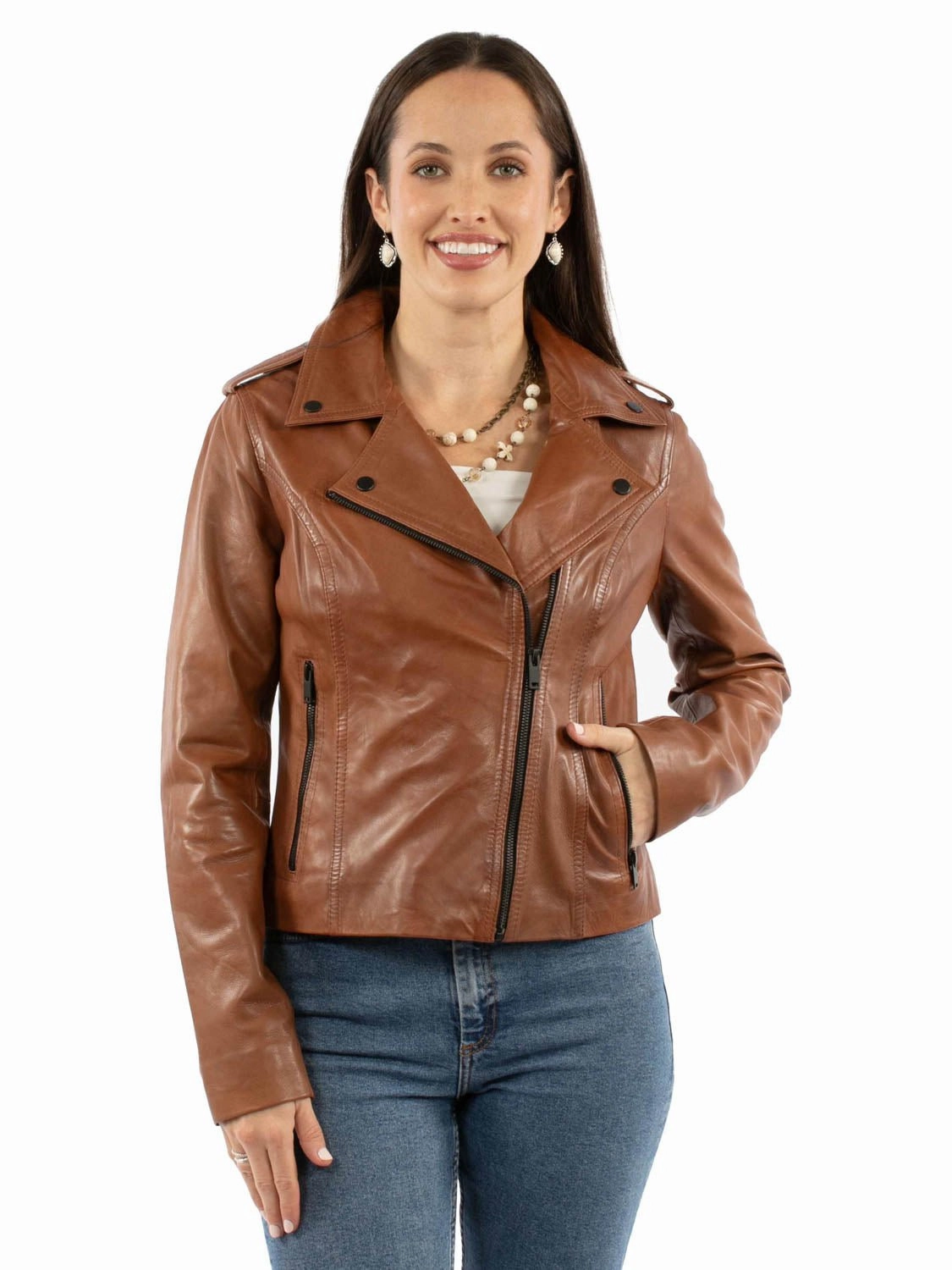 Scully Womens Wide Notched Collar Tan Lamb Leather Leather Jacket Bonded Closure Mechanism Abrasion Proof Edging