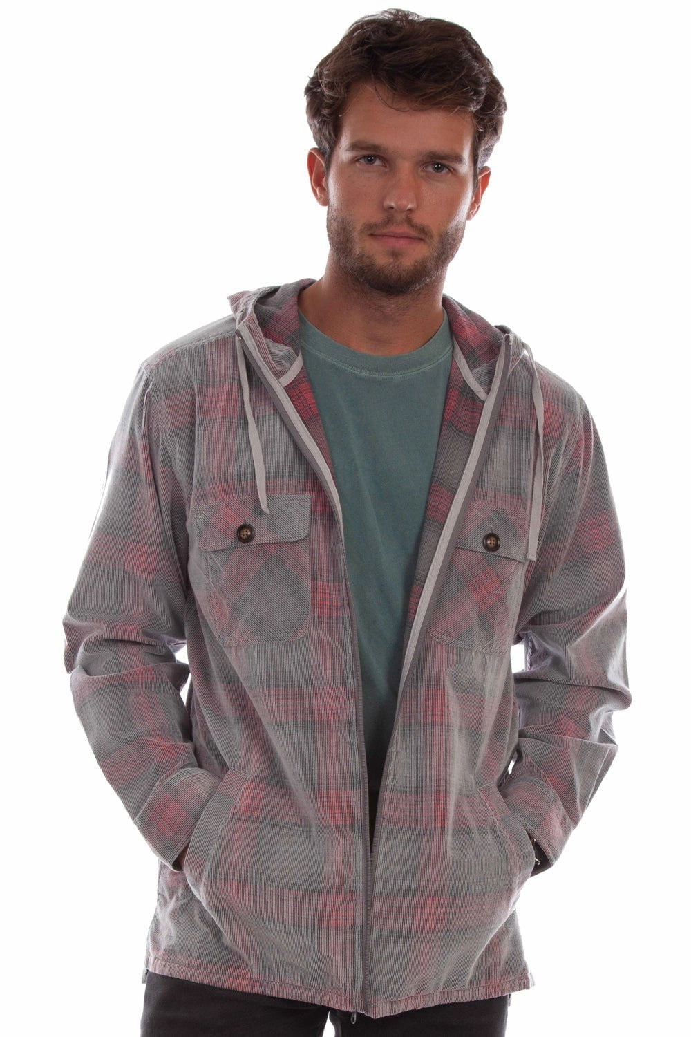 Flexible Articulated Elbows Scully Mens Unlined Plaid Grey/Red 100% Cotton Hoodie
