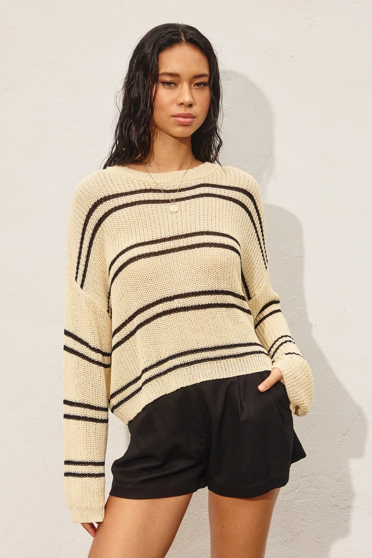 Double Stripe Knit Sweater - Ivory LowProfile Zipper Stretch Fit