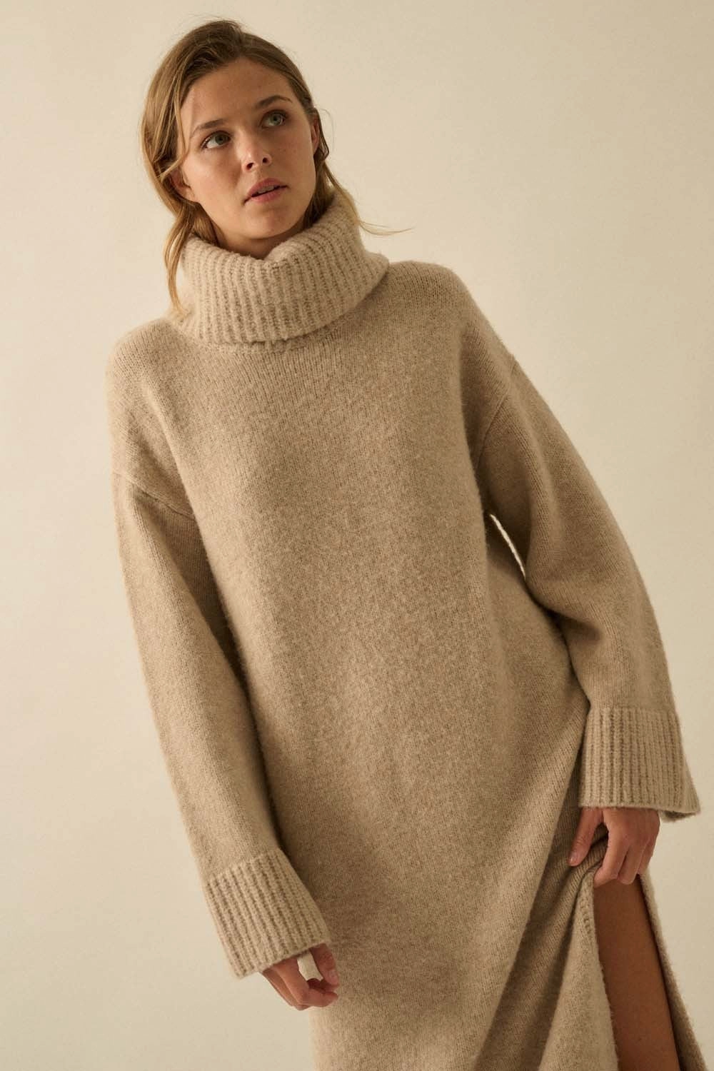 Minimal Details Sleek Silhouette Cowl Neck Midi Sweater Dress - Sand