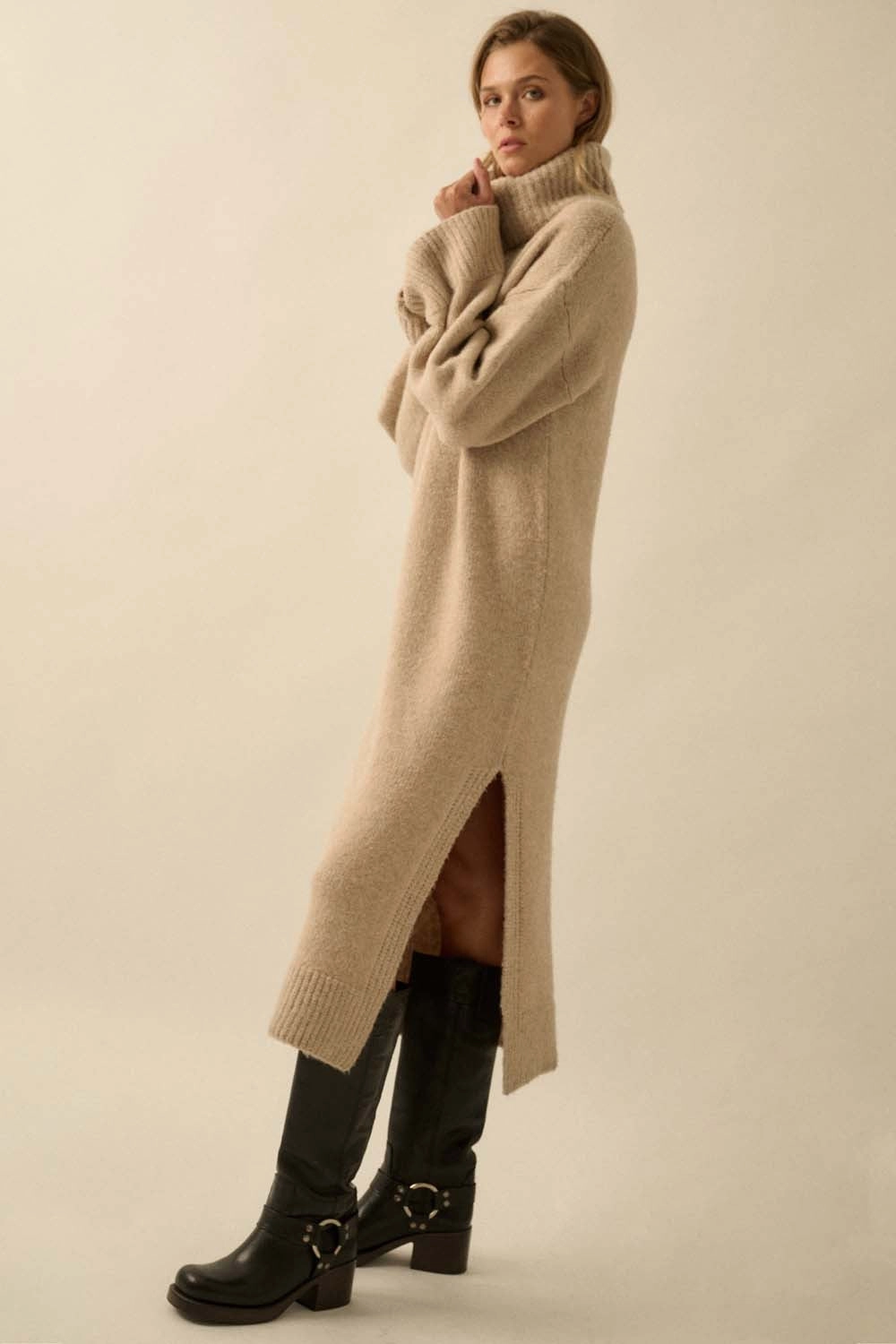 Cowl Neck Midi Sweater Dress - Sand SeamlessKnitConstruction Self Cleaning Coating