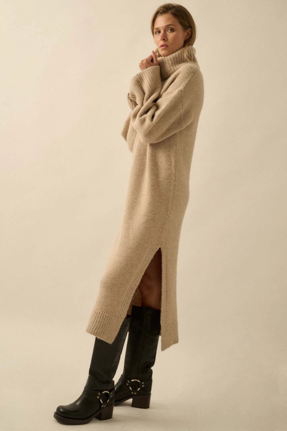 Style Option Cool Season Cowl Neck Midi Sweater Dress - Sand