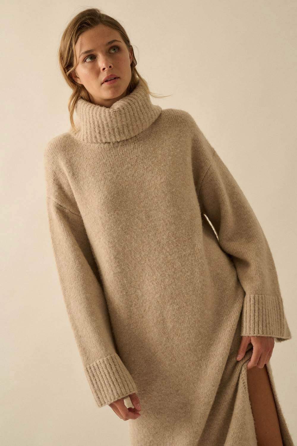 Cowl Neck Midi Sweater Dress - Sand Texture Play