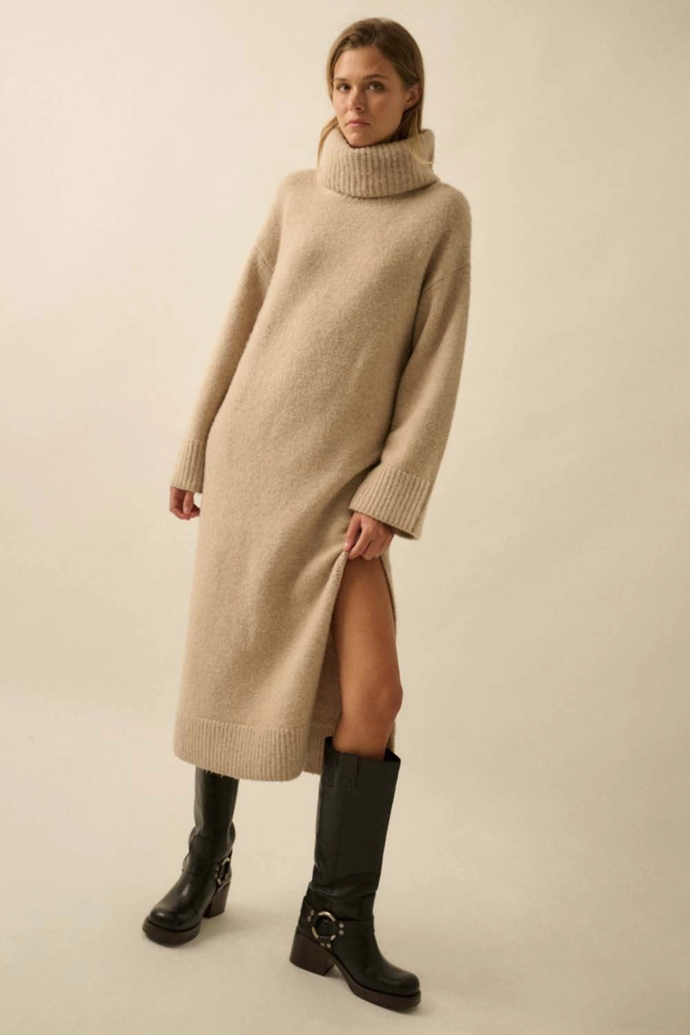 Japan Line Low-Waist Cowl Neck Midi Sweater Dress - Sand